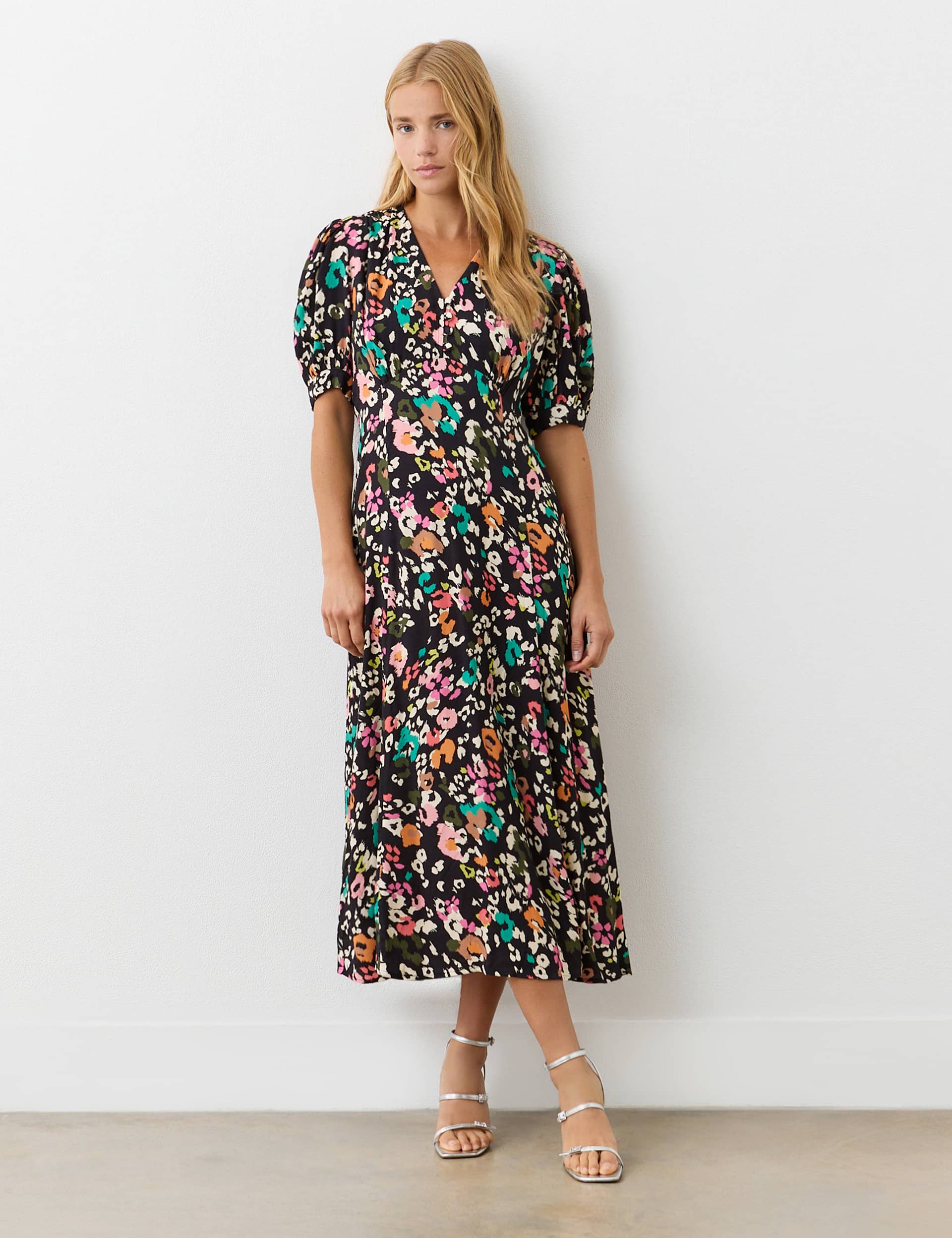 Finery London Women's Crepe Floral V-Neck Midi Tea Dress - 12 - Black Mix, Black Mix