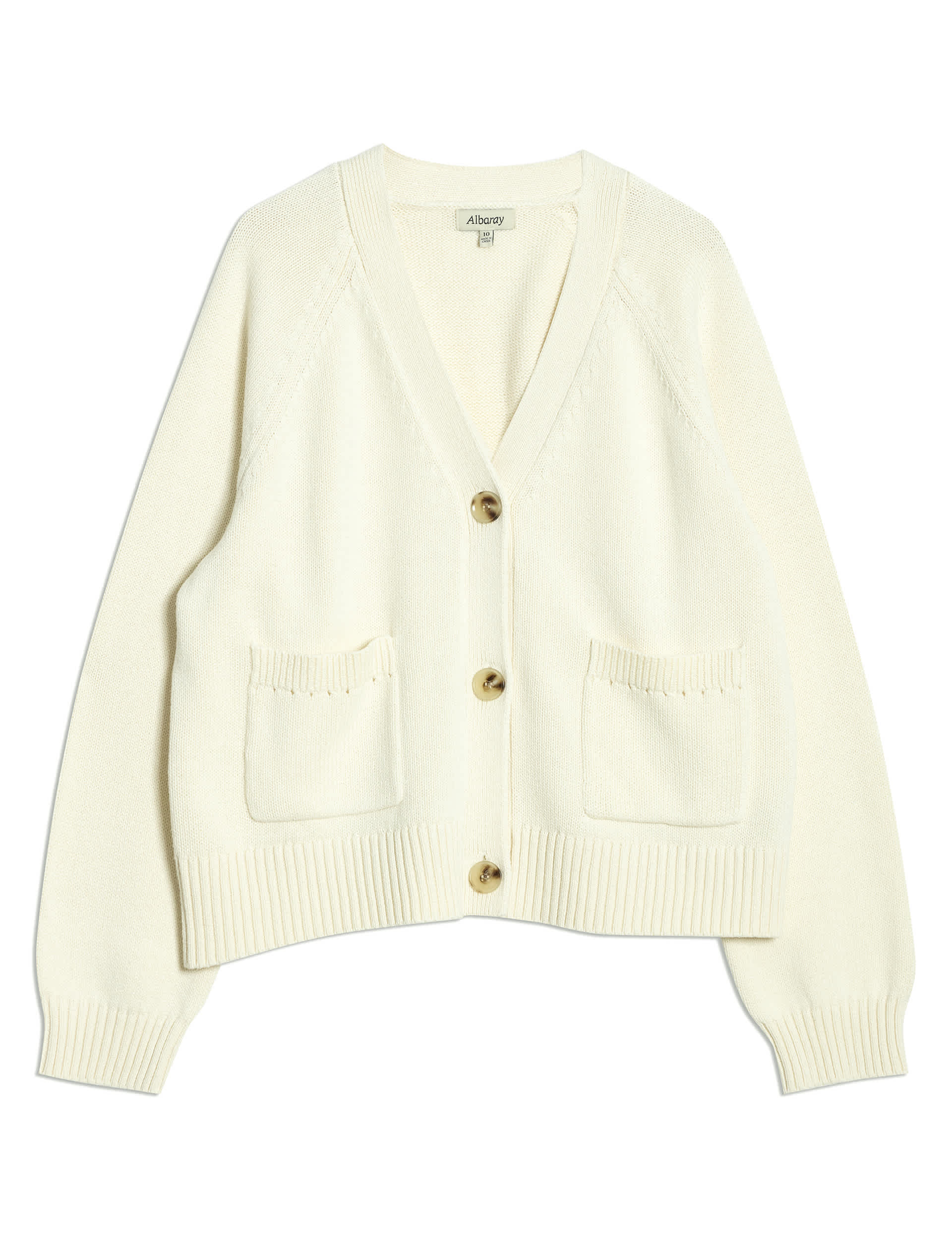 Albaray Women's Pure Cotton Pointelle V-Neck Relaxed Cardigan - 12 - Cream, Cream,Blue