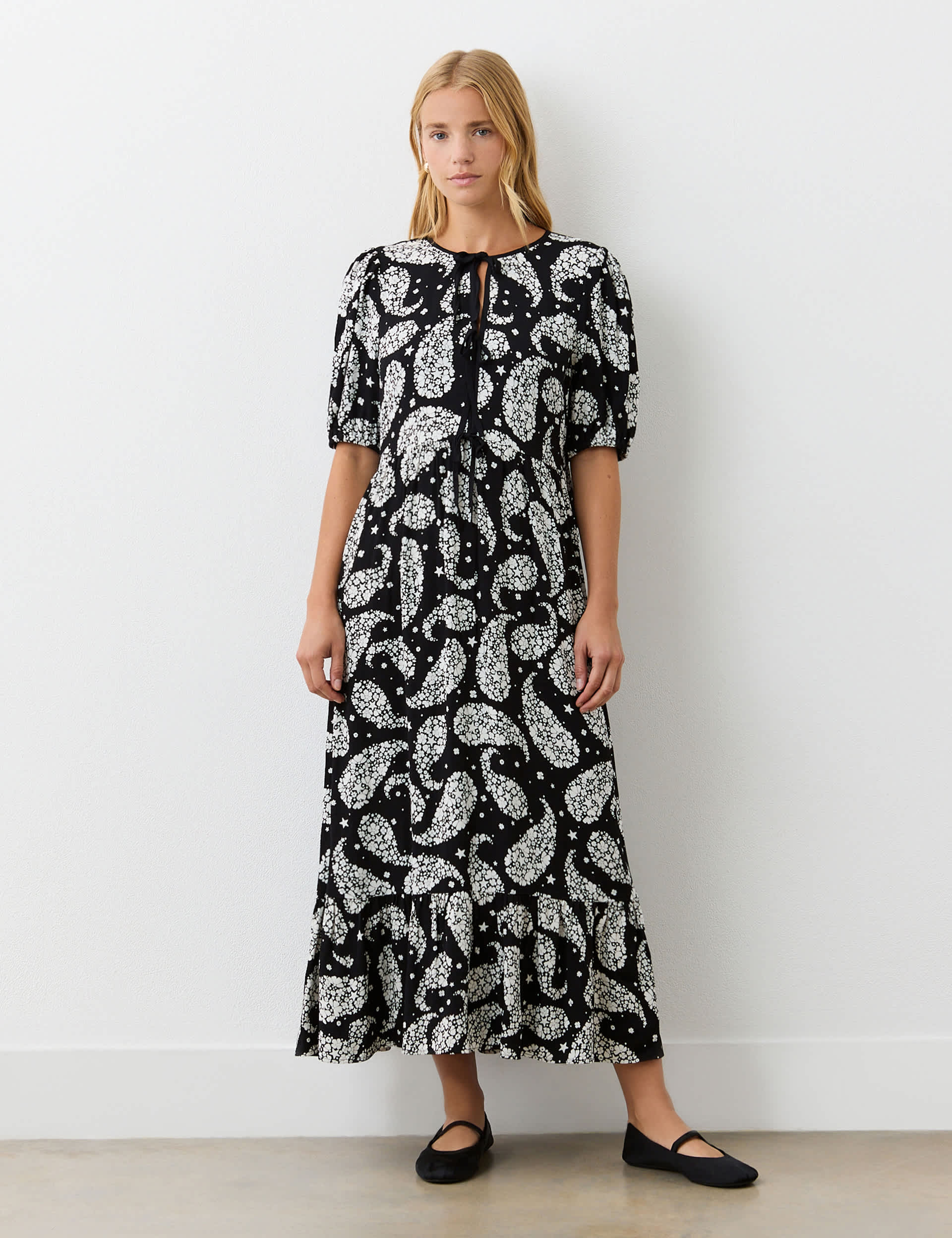 Finery London Women's Crepe Paisley Tie Neck Midi Tiered Dress - 12 - Black Mix, Black Mix