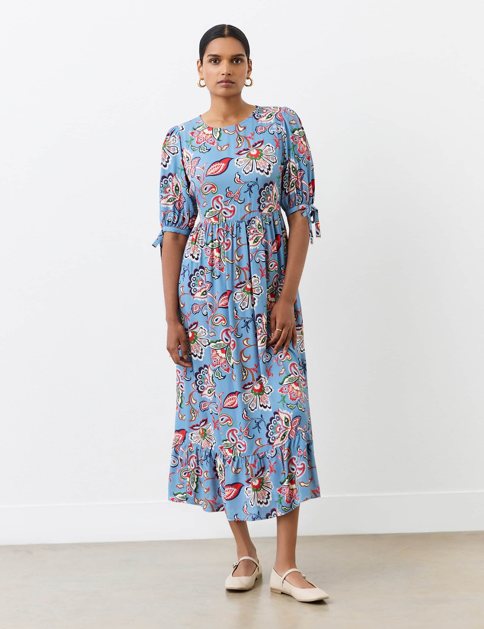 Finery London Women's Crepe Floral Round Neck Midi Smock Dress - 12 - Blue Mix, Blue Mix,Black Mix