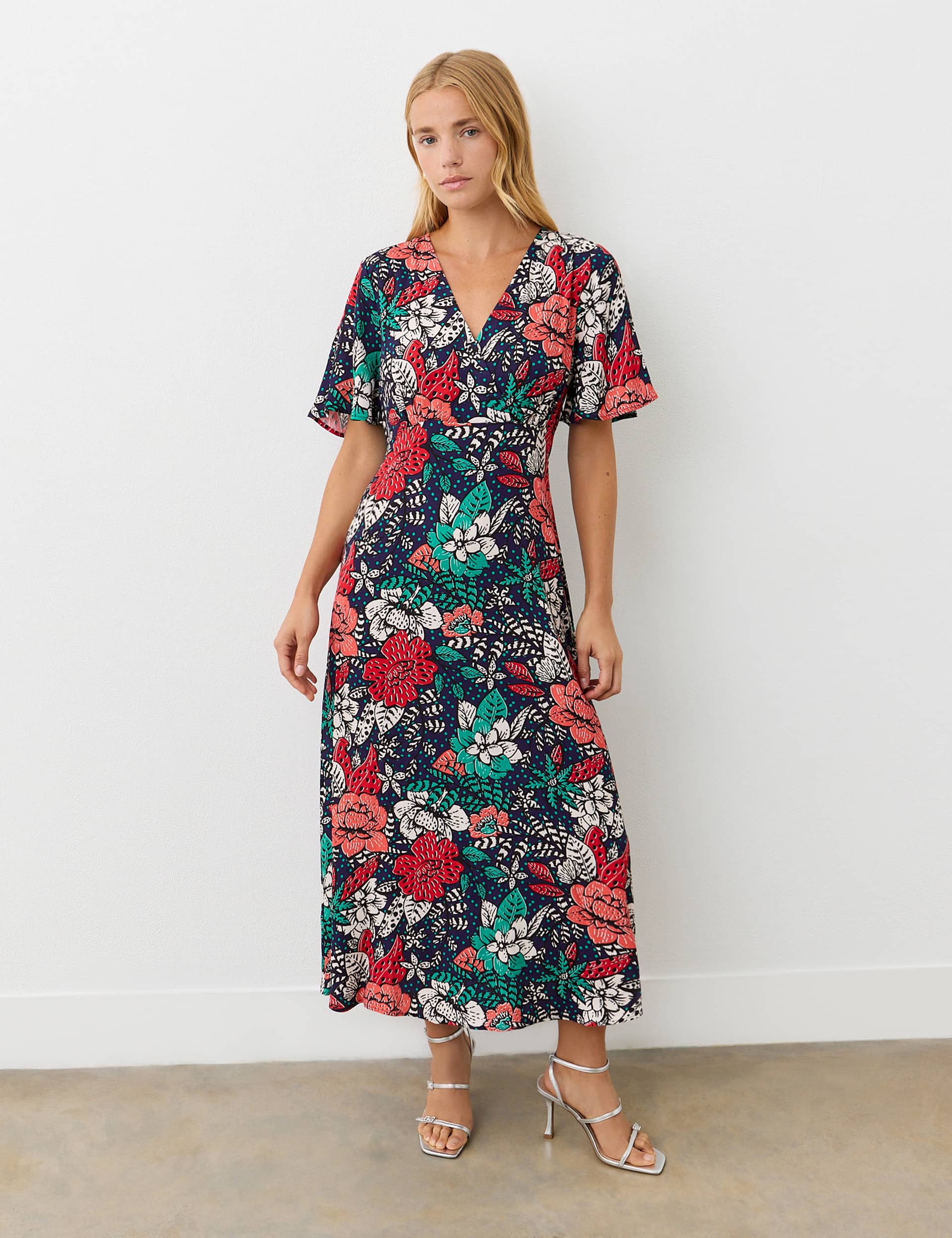 Finery London Women's Crepe Floral V-Neck Midi Tea Dress - 12 - Navy Mix, Navy Mix