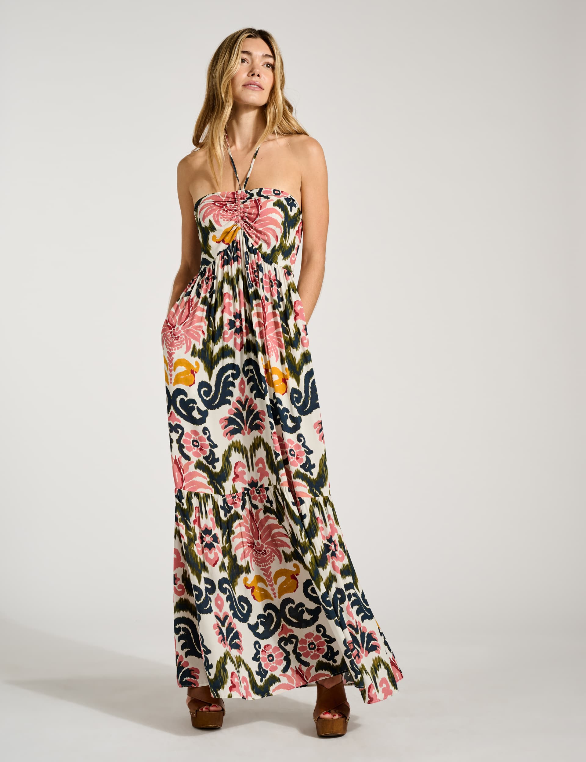 Baukjen Women's Printed Halter Neck Maxi Tiered Dress