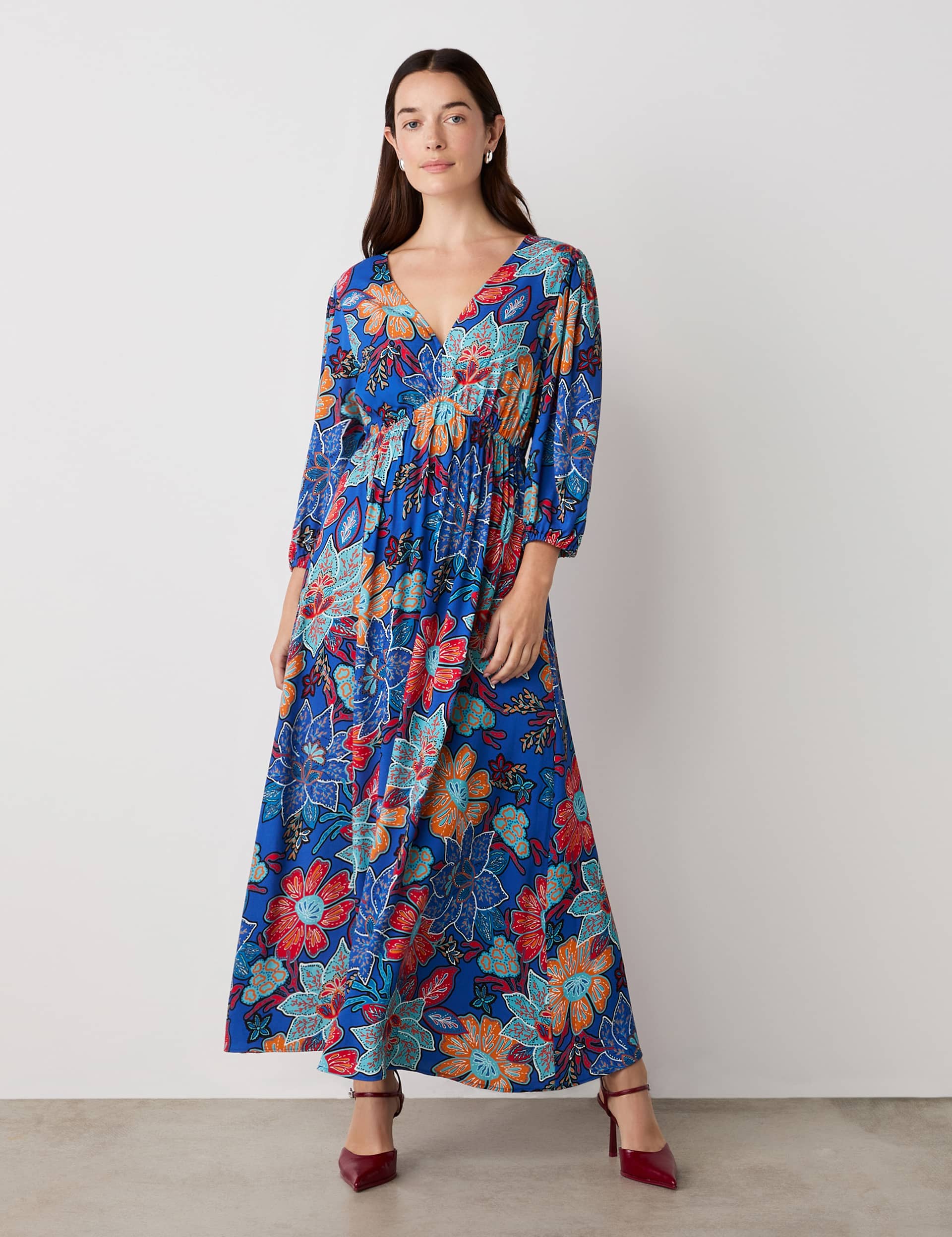 Finery London Women's Crepe Floral V-Neck Midi Smock Dress - 16 - Blue Mix, Blue Mix