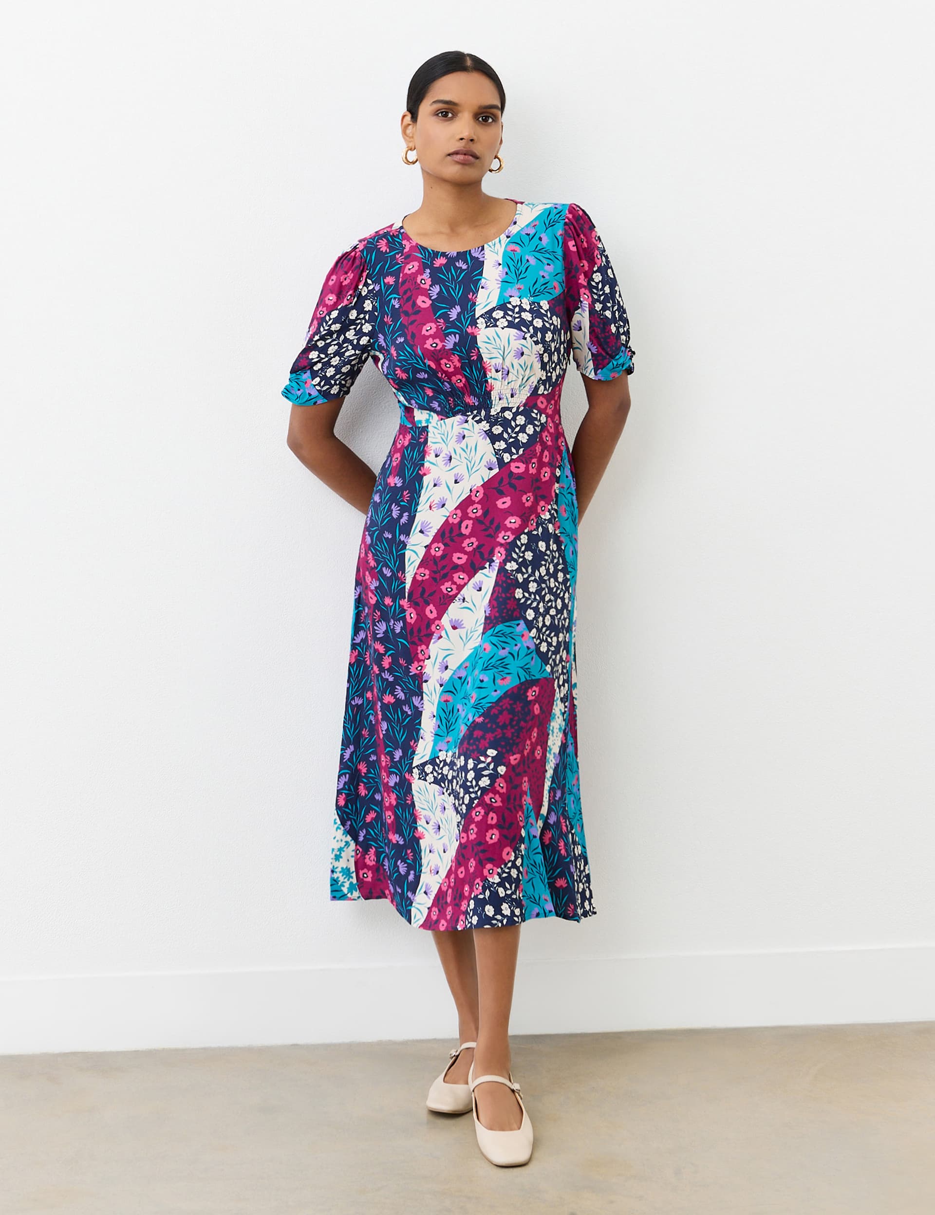 Finery London Women's Crepe Floral Puff Sleeve Midi Waisted Dress - 14 - Blue Mix, Blue Mix,Black Mi