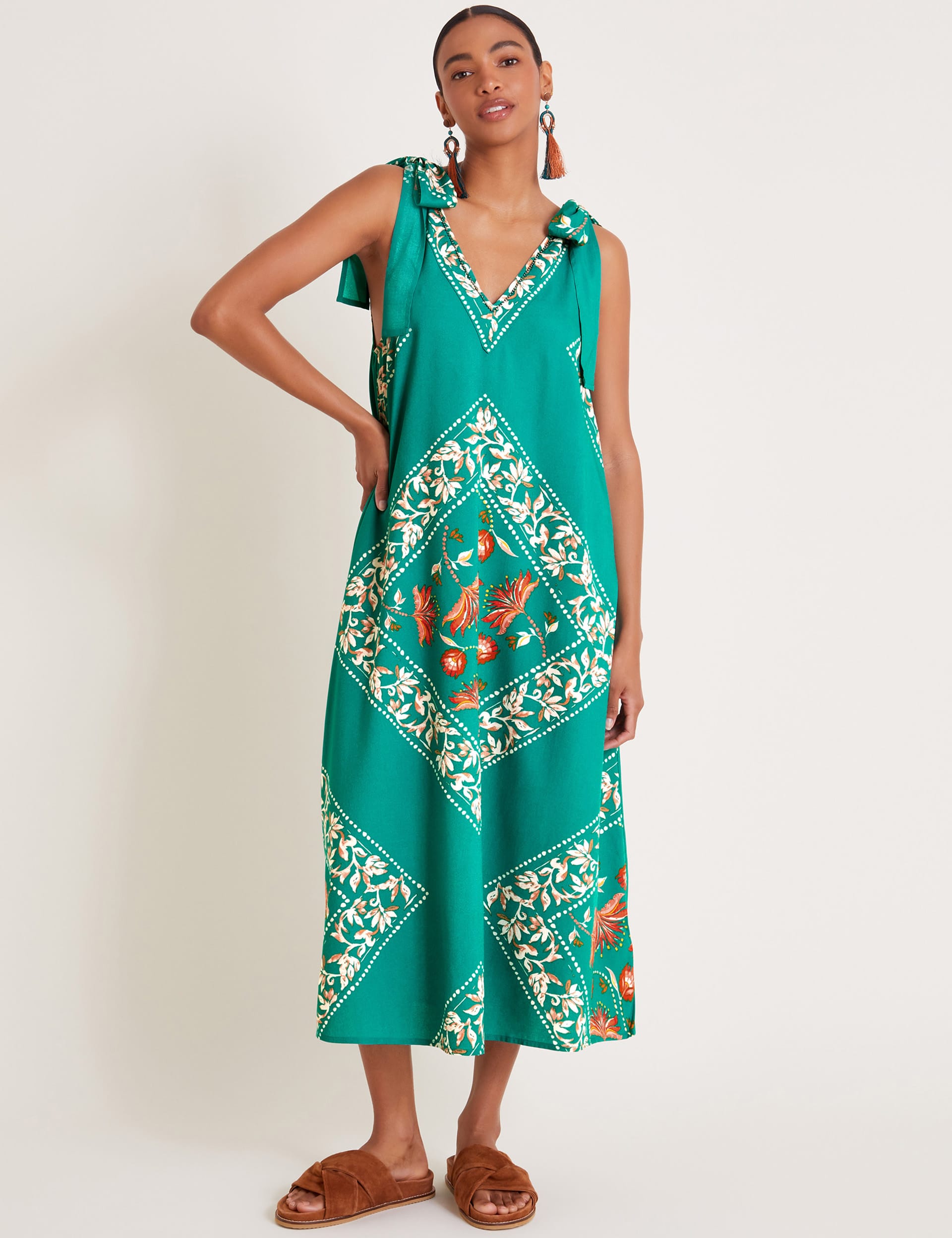 Monsoon Women's Floral V-Neck Midi Smock Dress - Teal Mix, Teal Mix