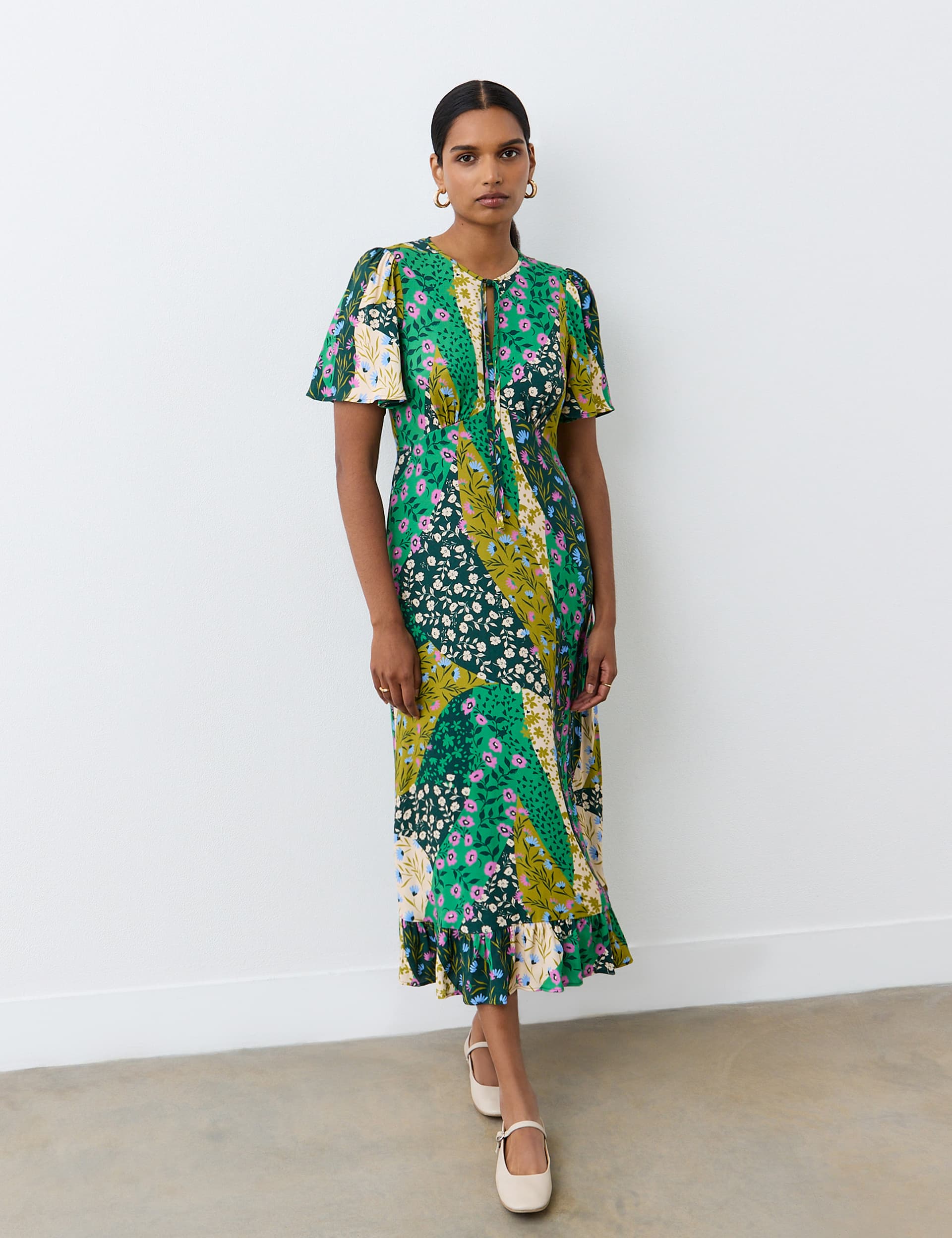 Finery London Women's Crepe Paisley Tie Neck Midi Tea Dress