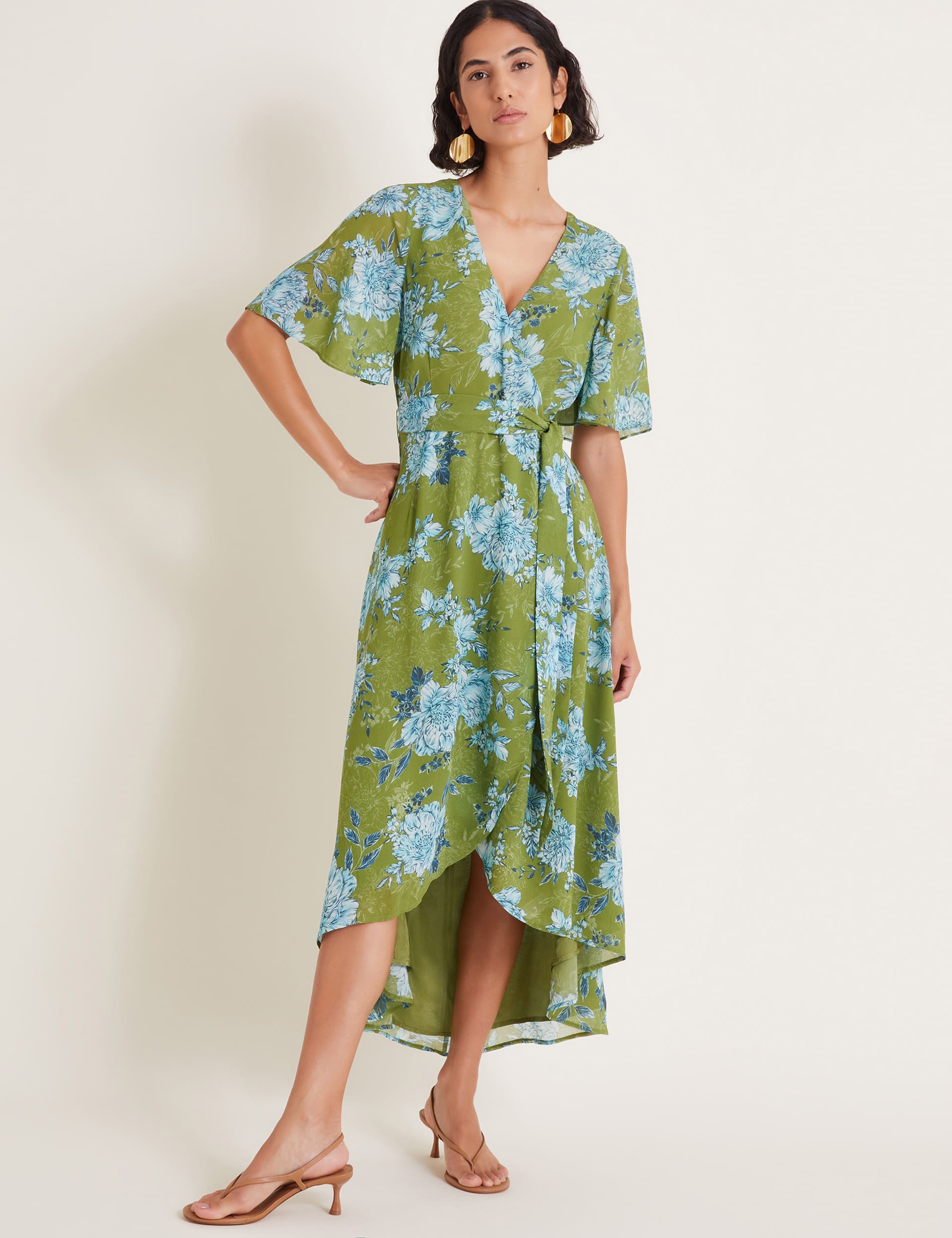 Monsoon Women's Floral V-Neck Midi Wrap Dress - 16 - Green Mix, Green Mix