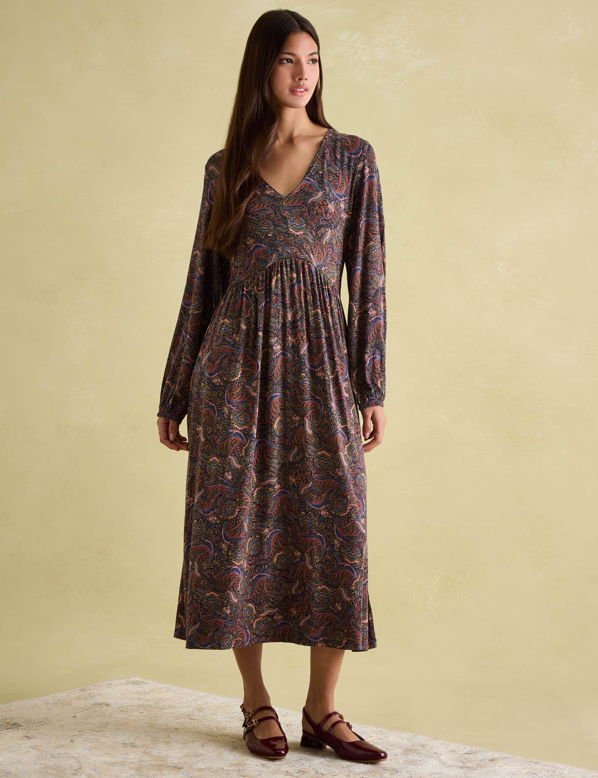 Joules Women's Paisley V-Neck Midi Waisted Dress - Navy Mix, Navy Mix