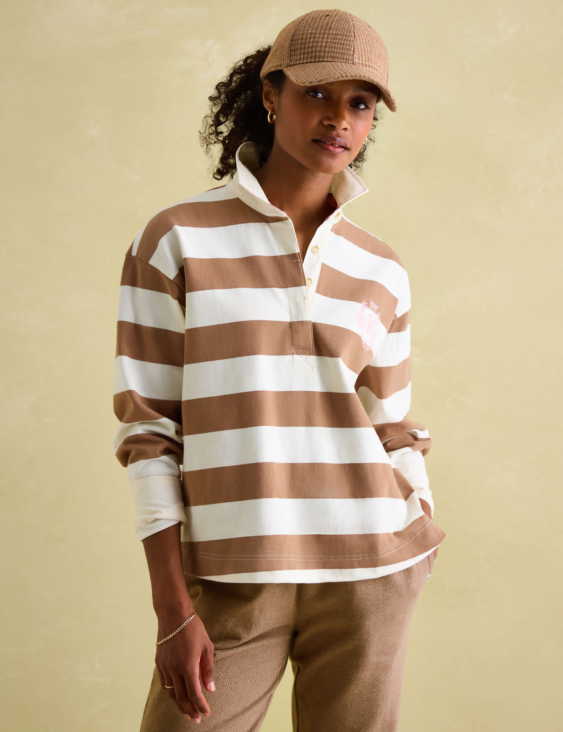 Joules Women's Pure Cotton Striped Collared Sweatshirt - 16 - Beige Mix, Beige Mix