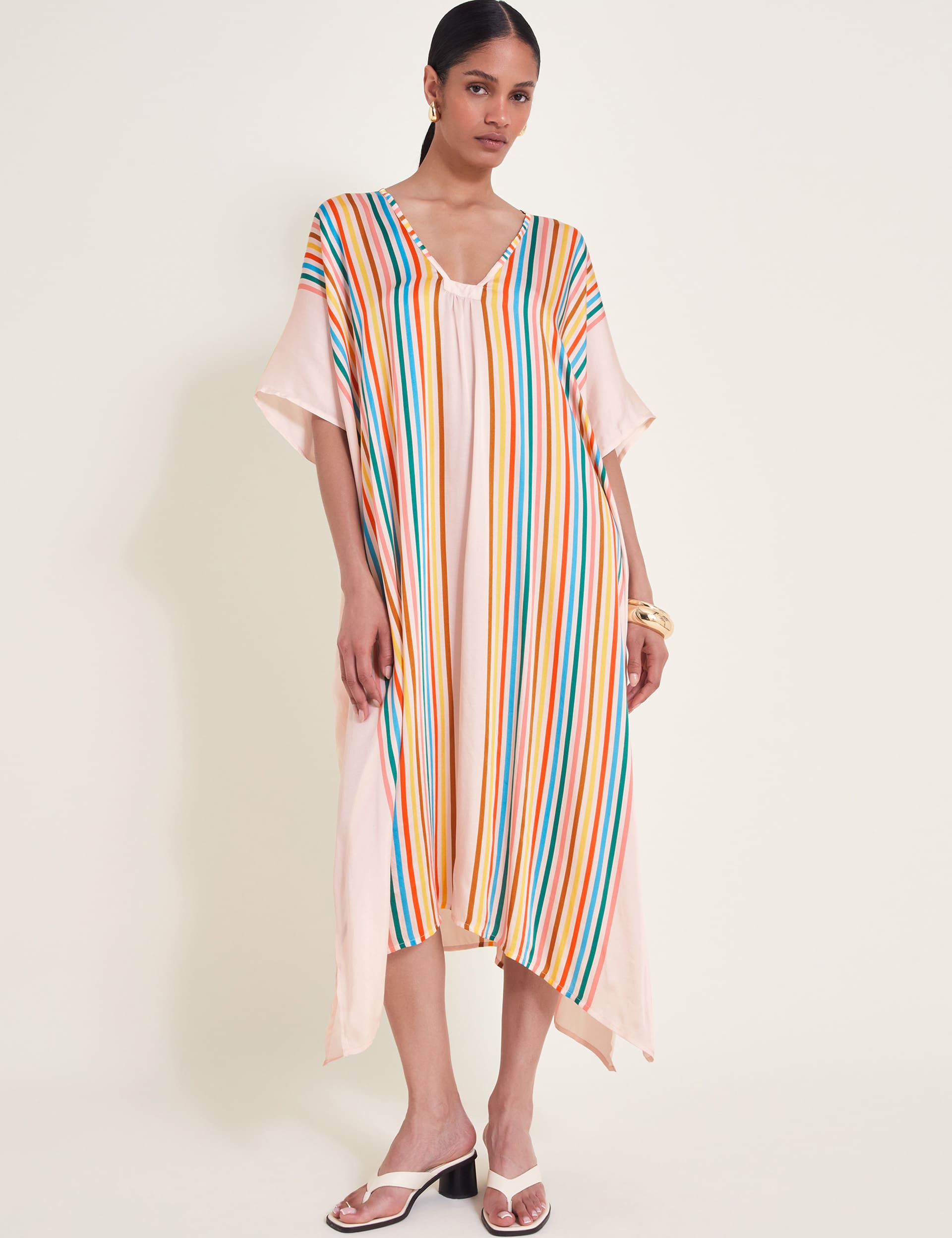 Monsoon Women's Striped Midi Kaftan Beach Dress - S-M - White Mix, White Mix