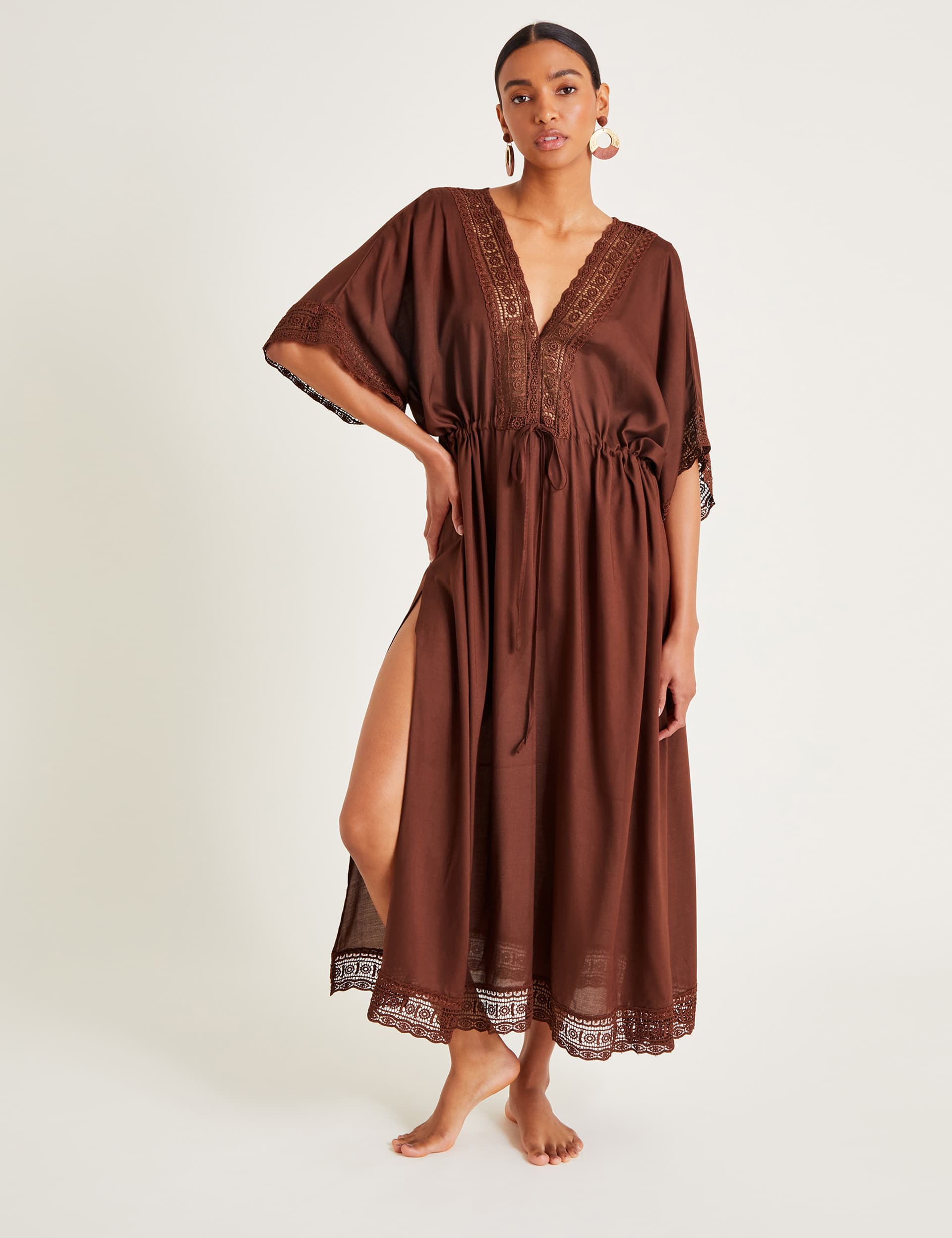 Monsoon Women's Embroidered Midaxi Kaftan Beach Dress - Brown Mix, Brown Mix