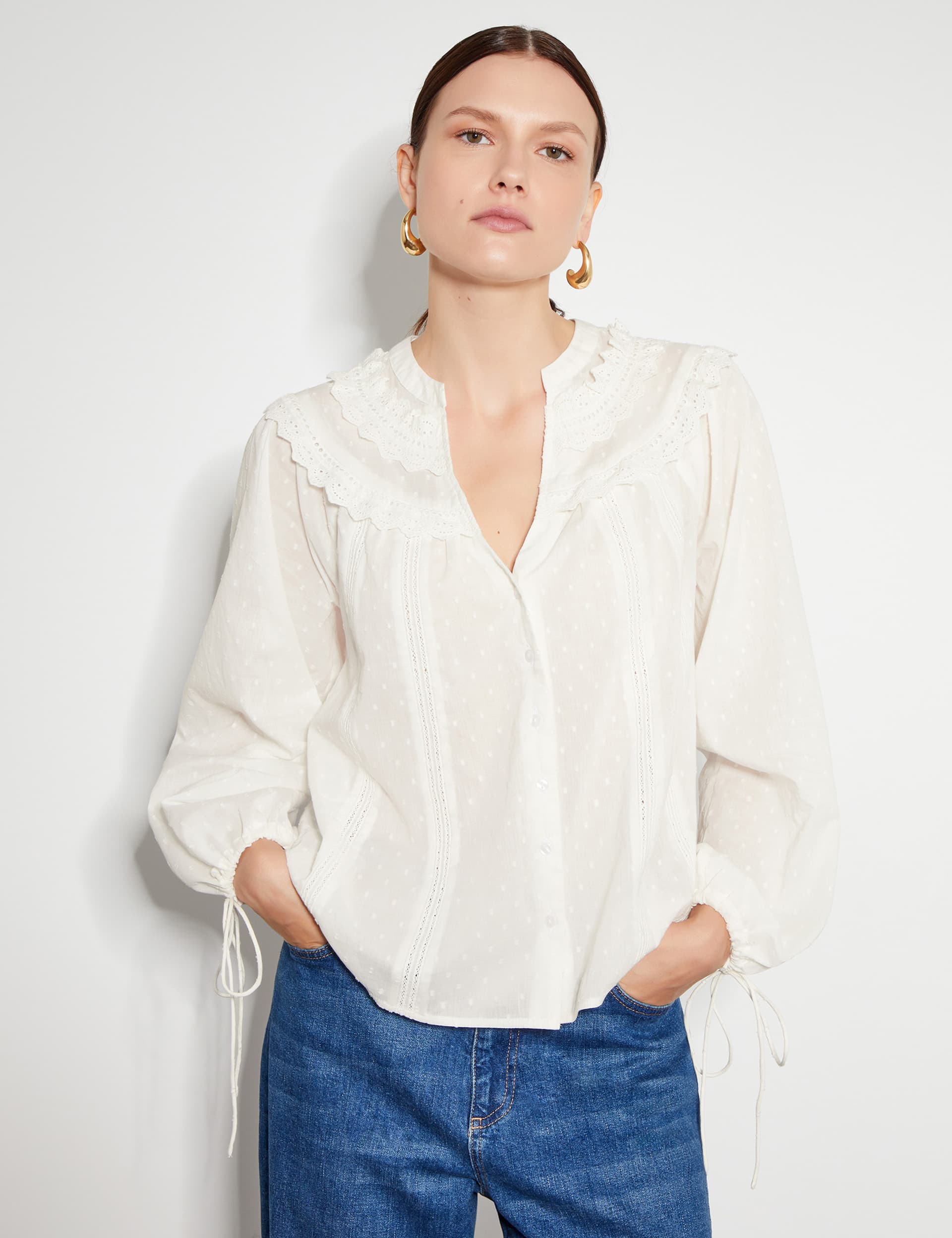 Monsoon Women's Pure Cotton Lace Notch Neck Scallop Blouse