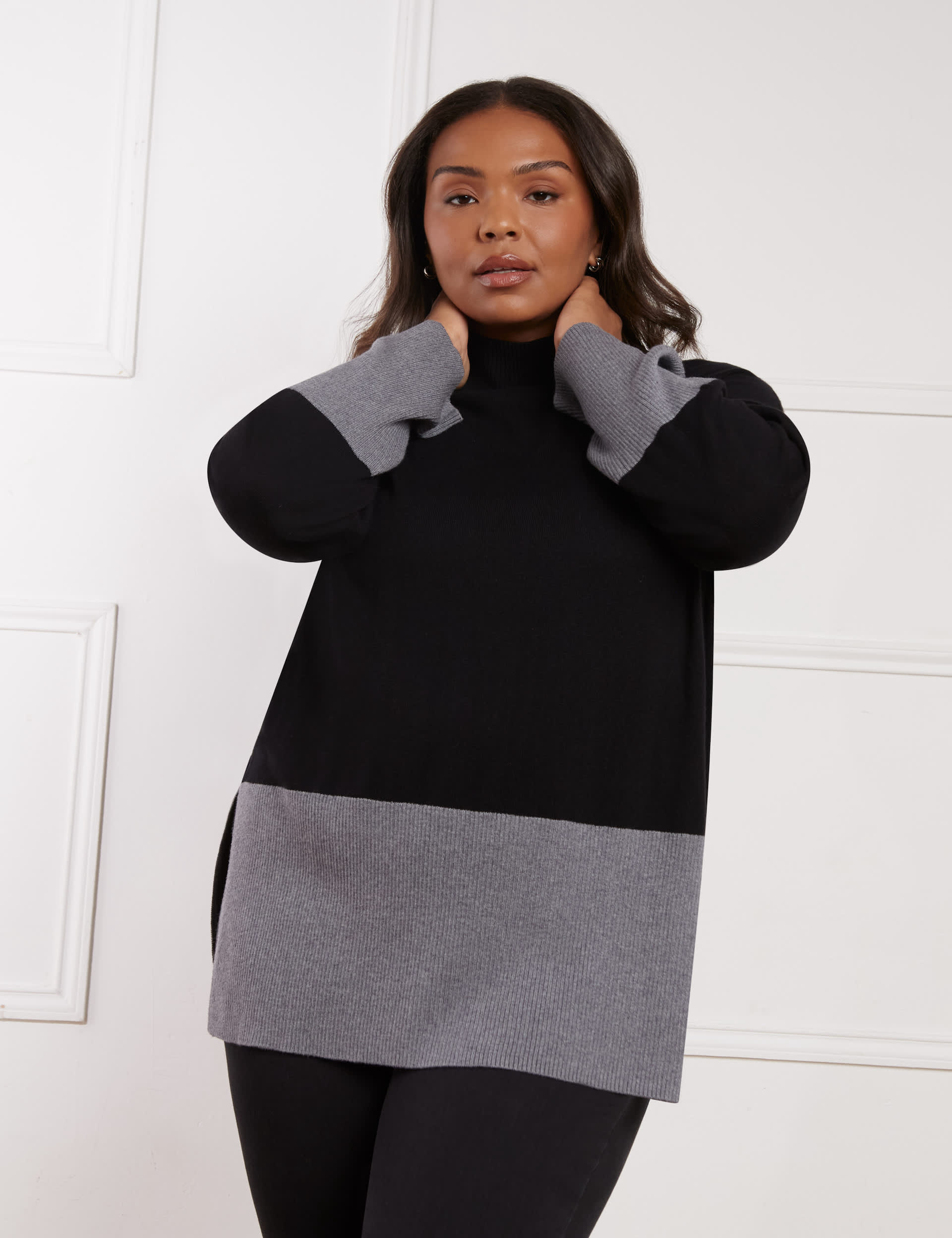 Live Unlimited London Women's Cotton Blend Colour Block Polo Neck Jumper - 18 - Black Mix, Black Mix