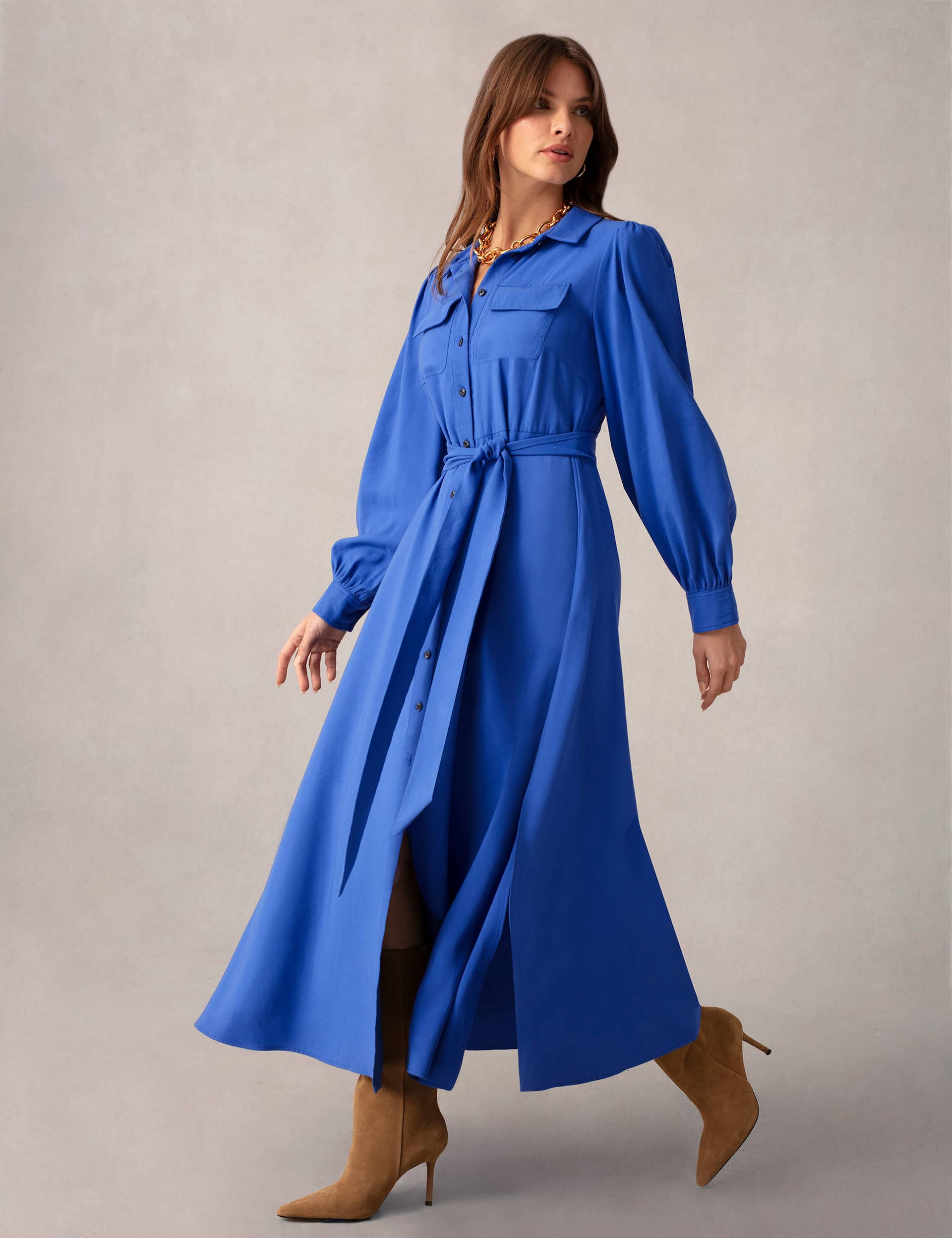 Ro&Zo Women's Tie Waist Button Through Midaxi Shirt Dress - 8REG - Blue, Blue