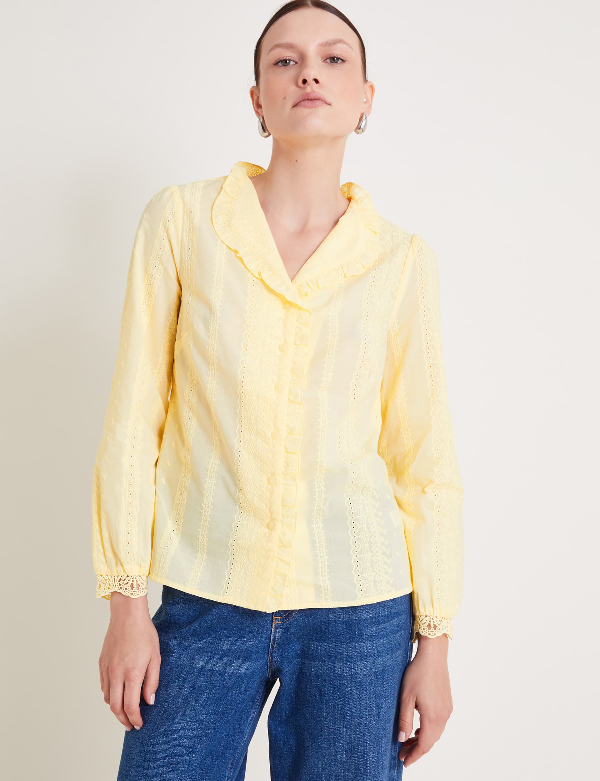 Monsoon Women's Pure Cotton Embroidered Collared Blouse - Yellow, Yellow