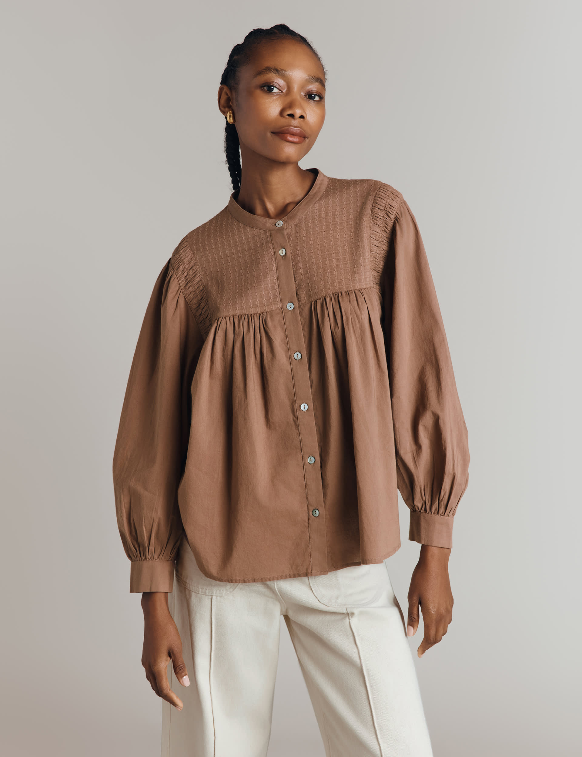 Ghost Women's Pure Cotton Jacquard Blouse - M - Light Brown, Blue,Light Brown