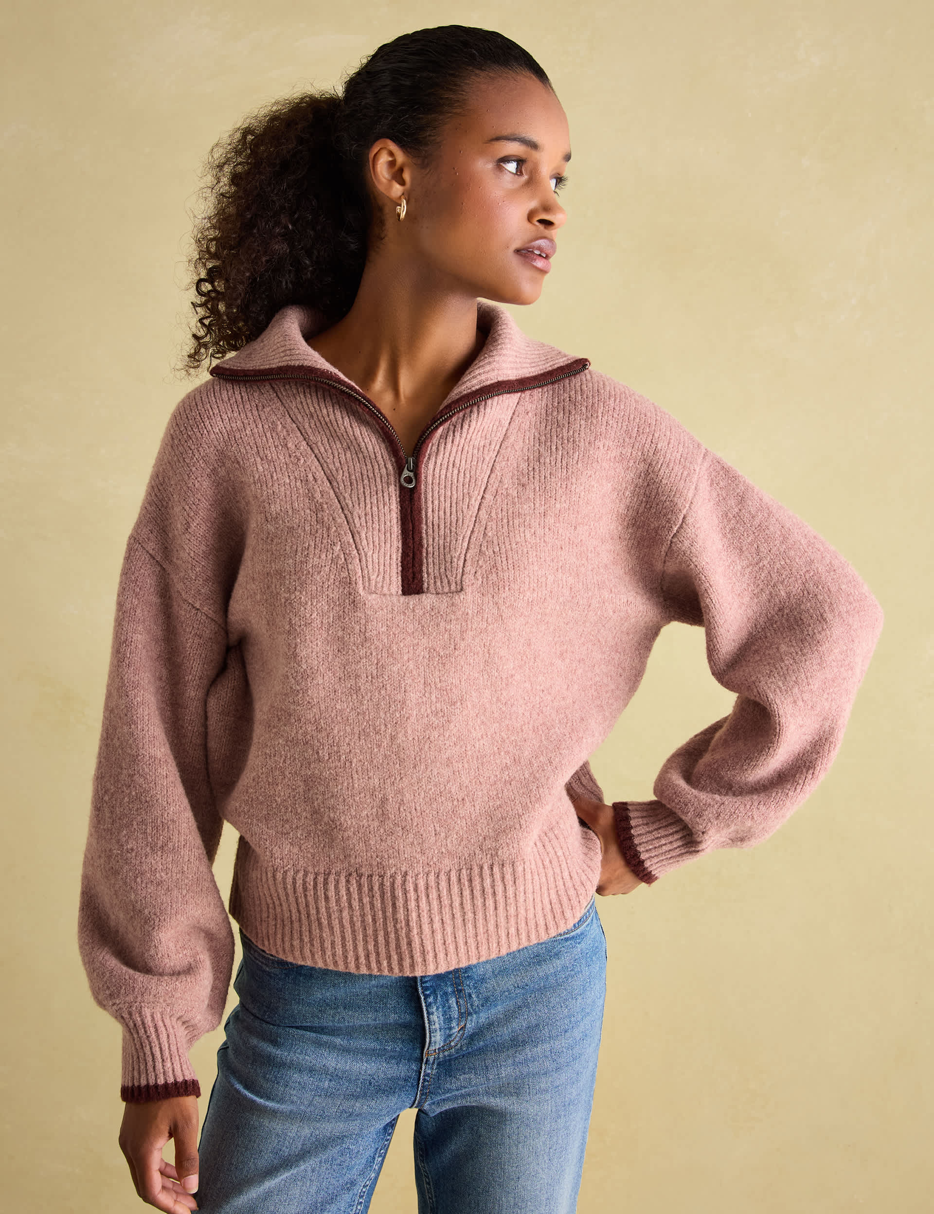 Joules Women's Textured Funnel Neck Half Zip Jumper - 12 - Pink, Navy,Pink