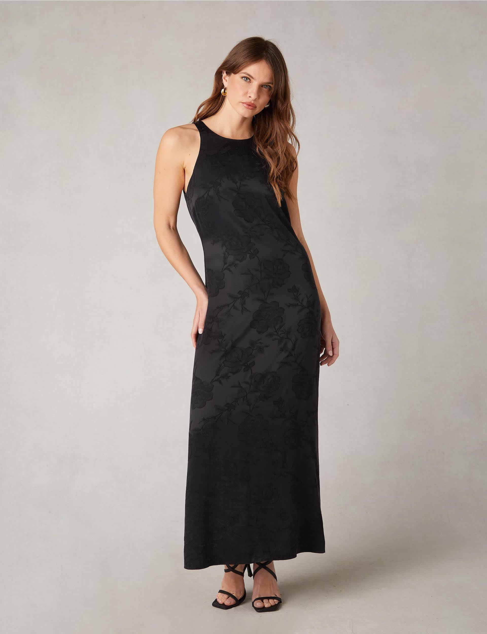 Ro&Zo Women's Cupro Rich Floral Crew Neck Maxi Column Dress