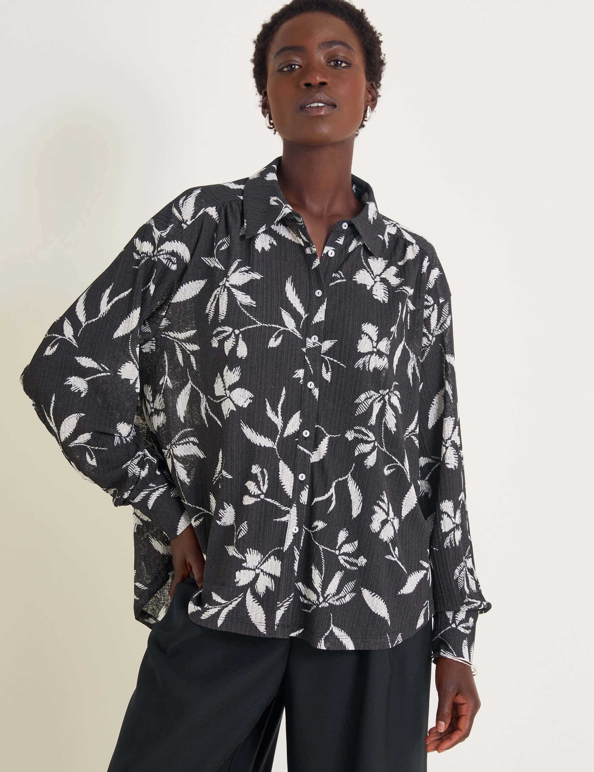 Monsoon Women's Floral Collared Button Through Shirt - Black Mix, Black Mix