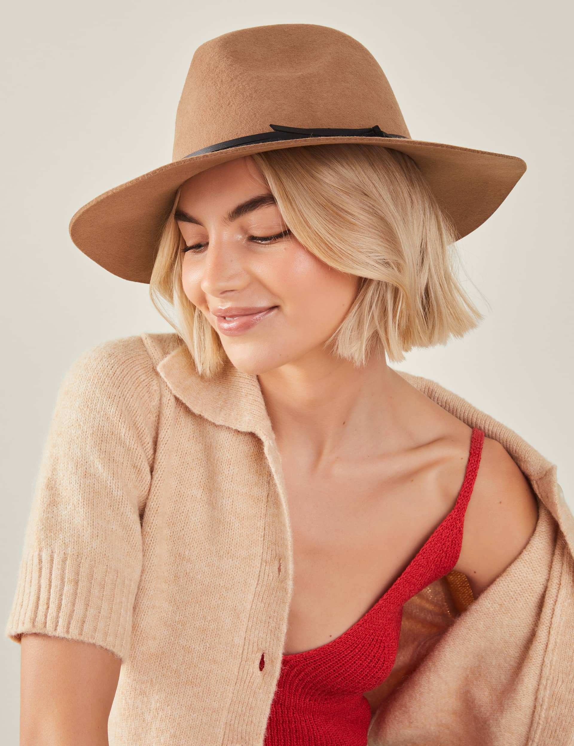 Accessorize Women's Pure Wool Fedora Hat - Camel, Black,Camel