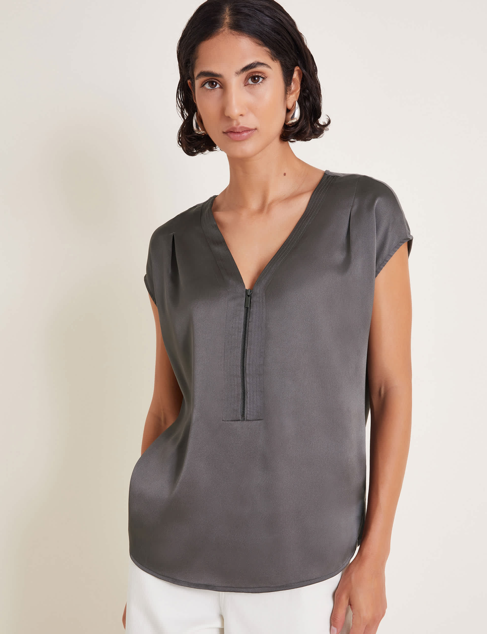 Monsoon Women's V-neck Half Zip Top - S - Grey, Grey