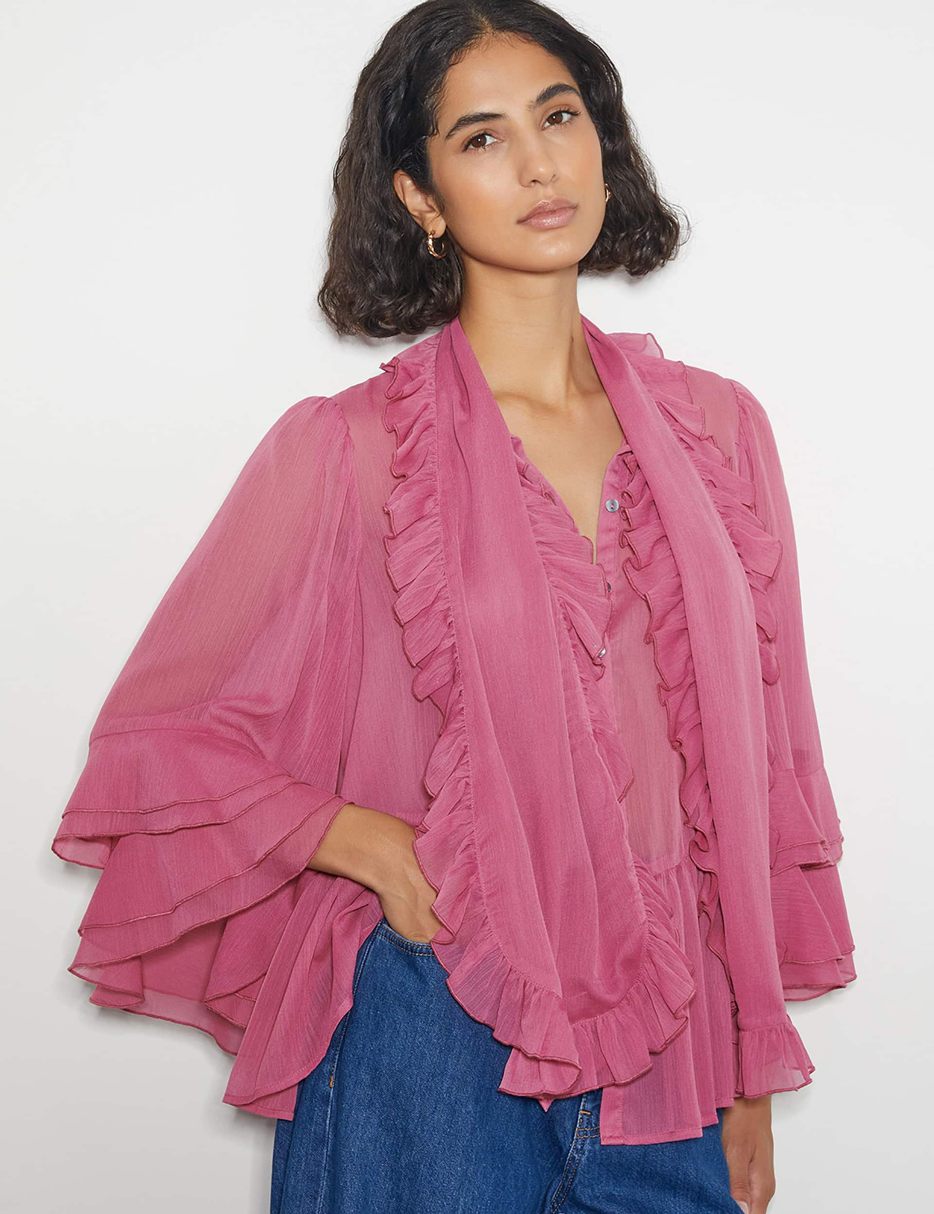 Monsoon Women's Ruffle Angel Sleeve Blouse - XL - Pink, Pink