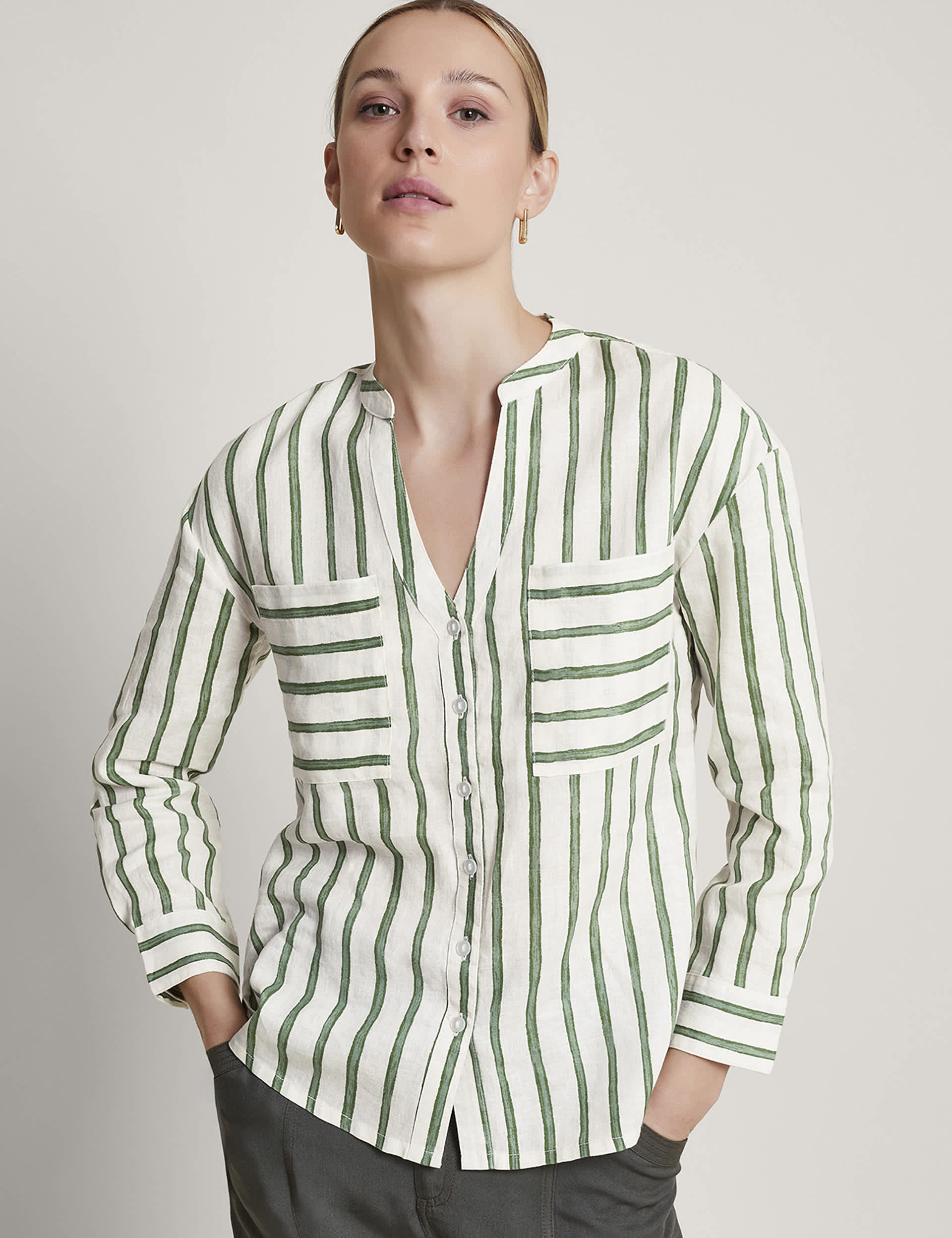 Monsoon Women's Pure Linen Striped Button Through Shirt - Green Mix, Green Mix