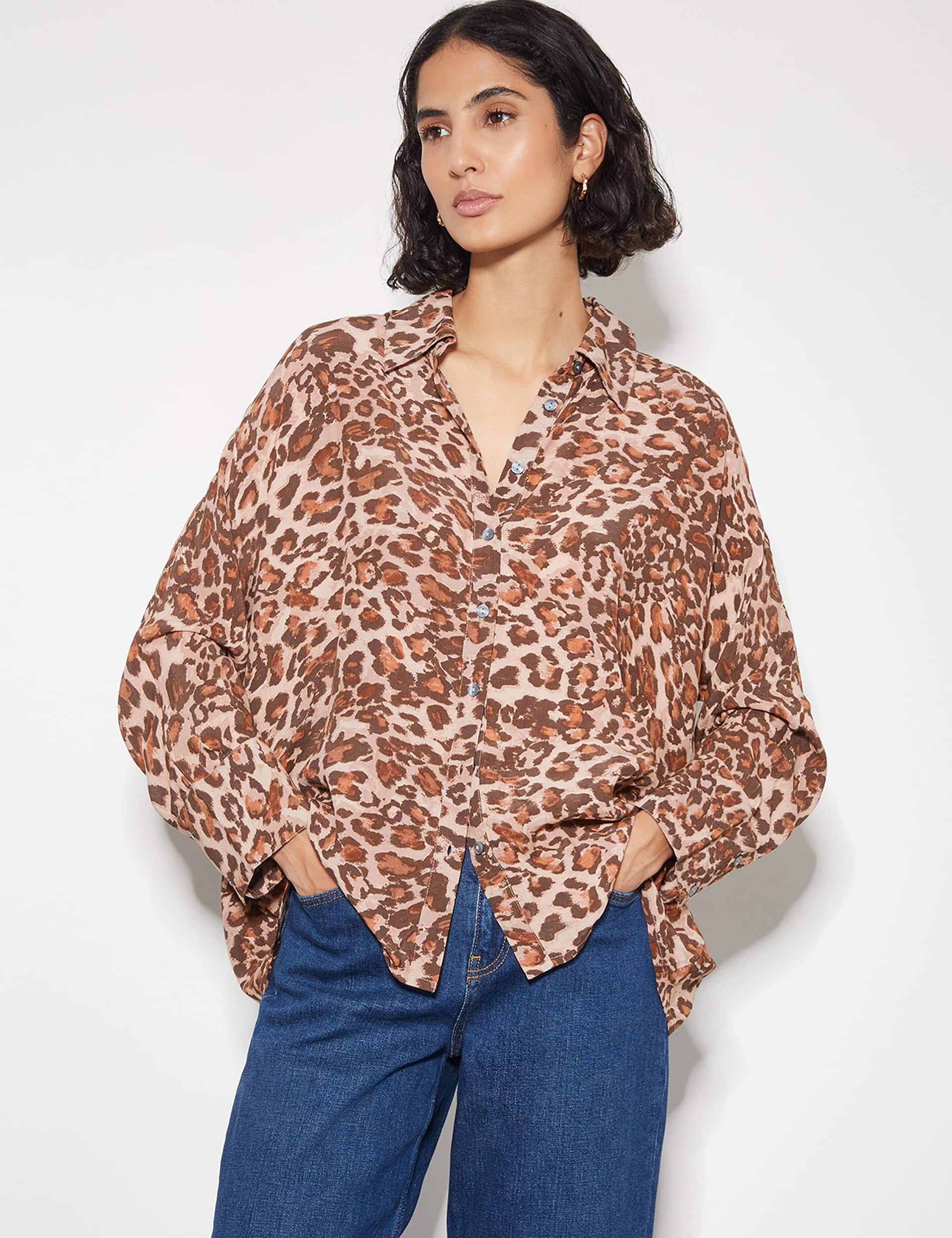 Monsoon Women's Leopard Print Collared Shirt - Brown, Brown