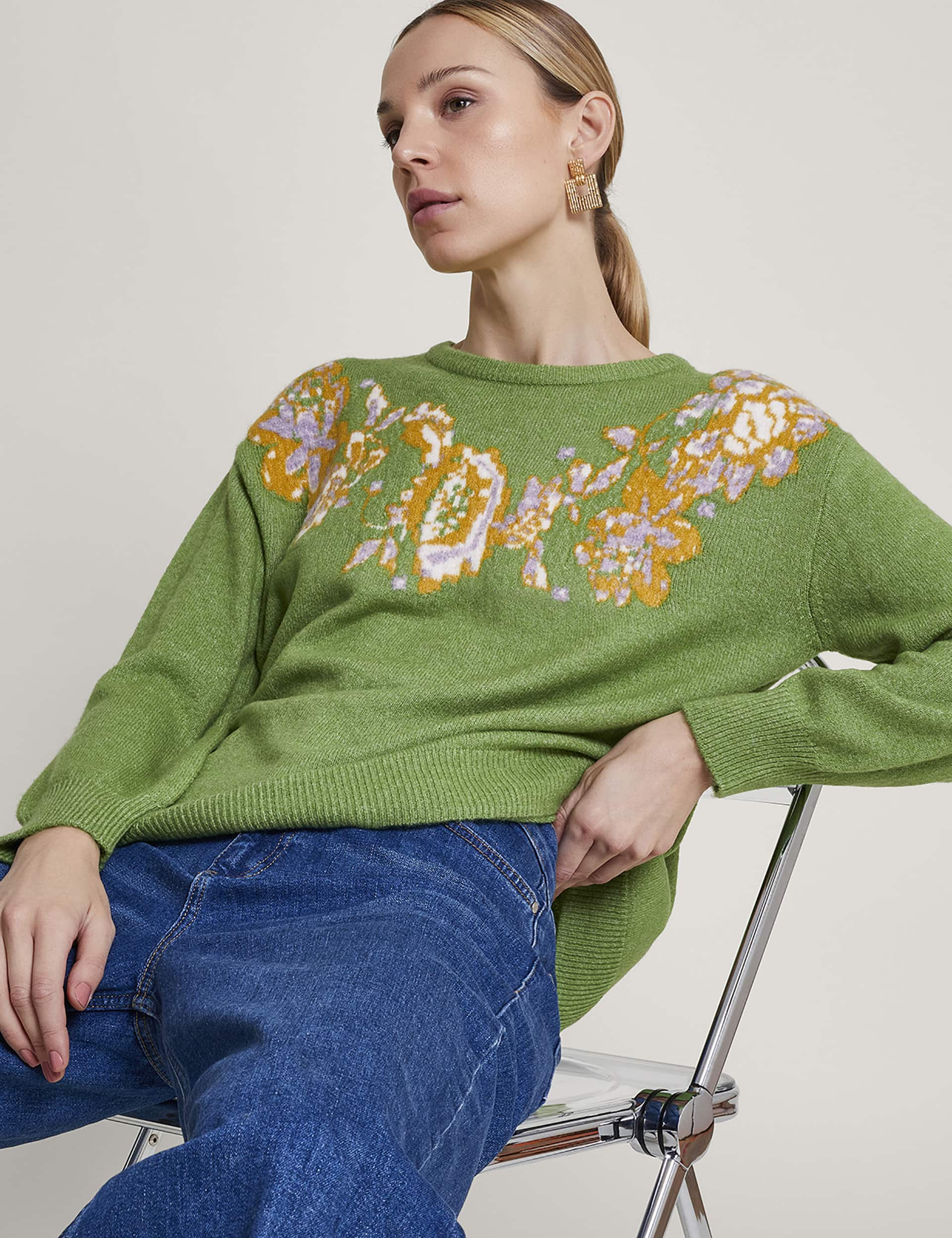 Monsoon Women's Floral Jacquard Crew Neck Jumper - Green, Green