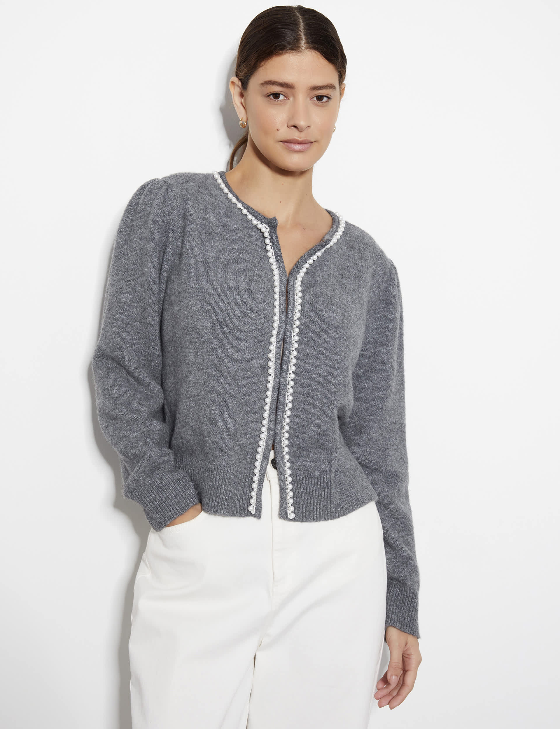 Monsoon Women's Embellished Gathered Shoulder Cardigan - Grey, Grey