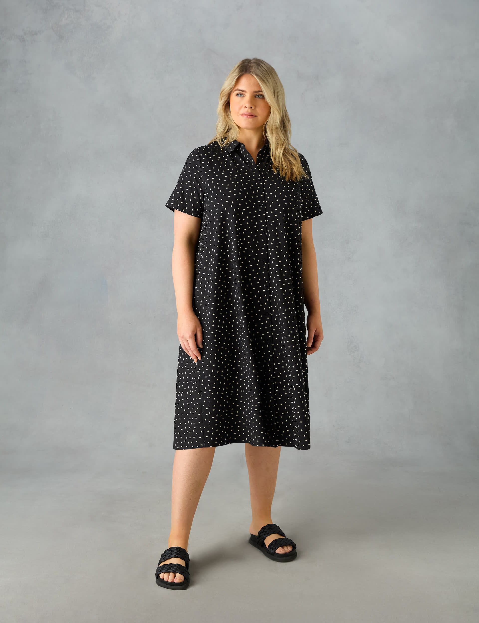 Live Unlimited London Women's Jersey Polka Dot Knee Length Shirt Dress - 18 - Black Mix, Black Mix