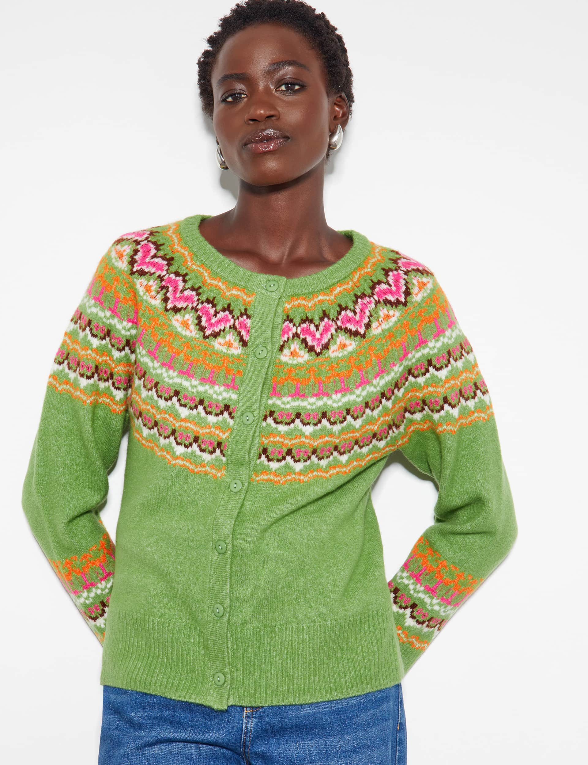 Monsoon Women's Fair Isle Crew Neck Cardigan - Green, Green