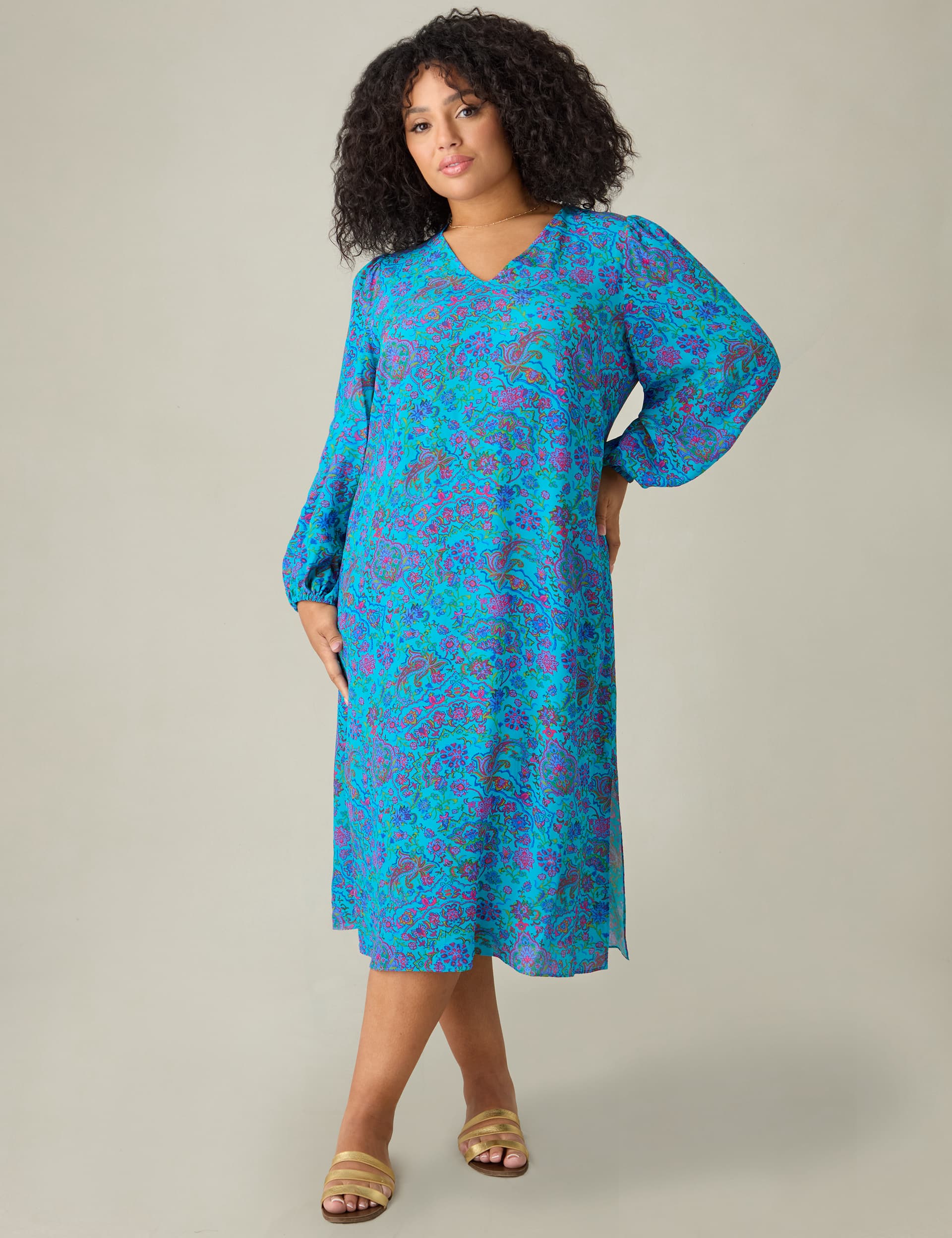 Live Unlimited London Women's Paisley V-Neck Midi Shift Dress - 22 - Blue Mix, Blue Mix