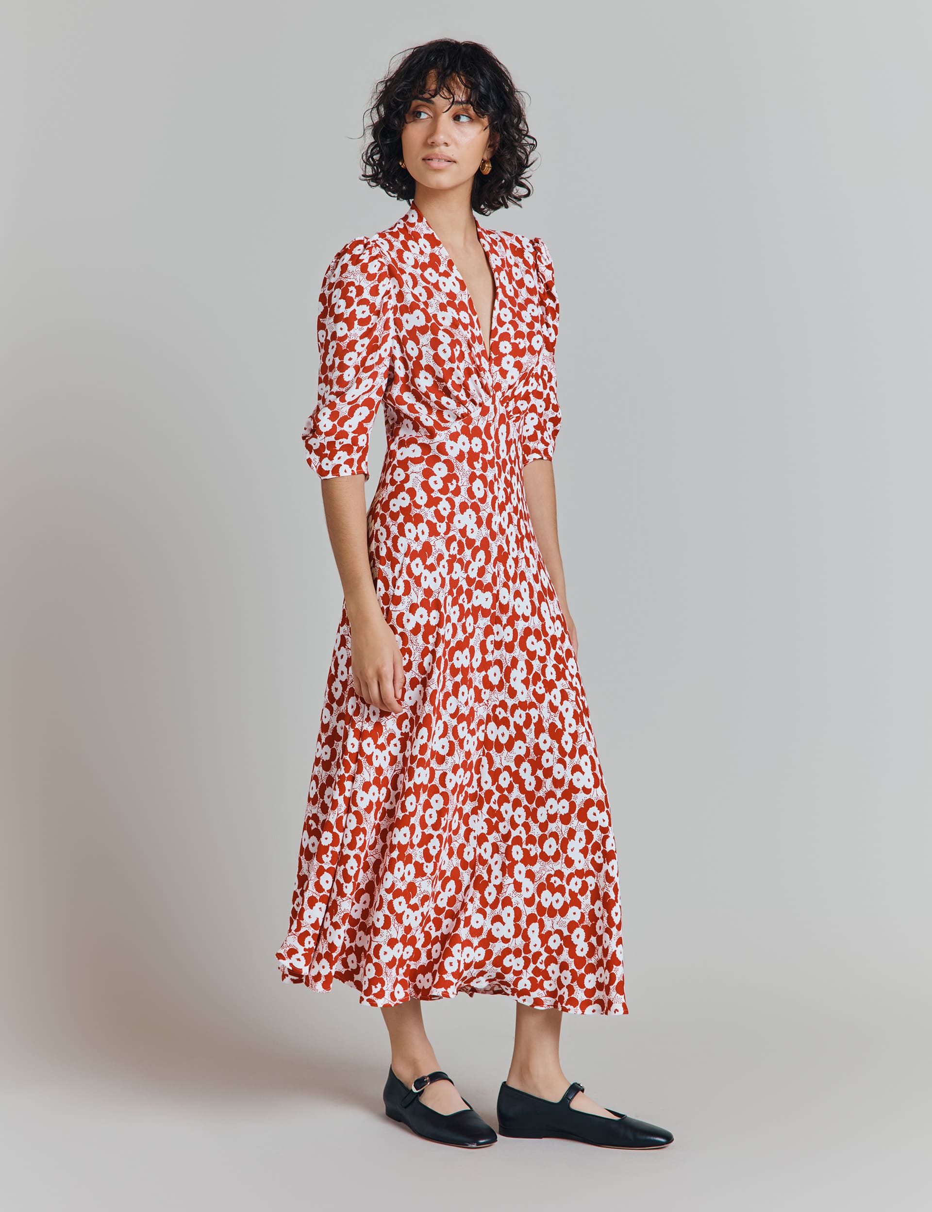 Ghost Women's Crepe Polka Dot V-Neck Midi Tea Dress - Red Mix, Black Mix,Red Mix,Navy Mix,Ivory Mix