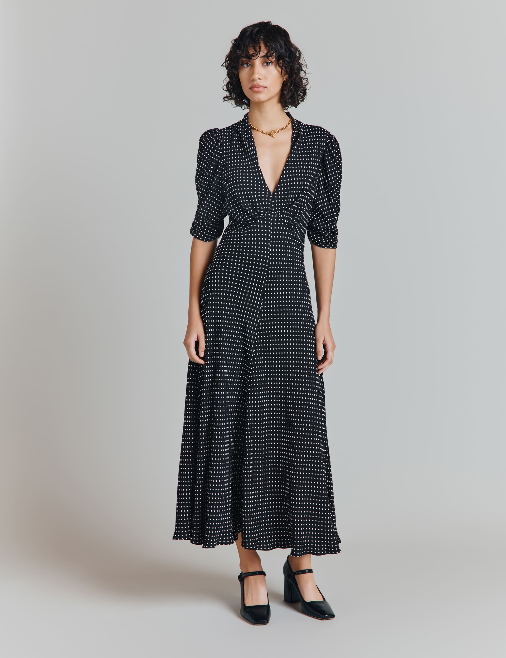 Ghost Women's Crepe Polka Dot V-Neck Midi Tea Dress - Black Mix, Black Mix,Navy Mix,Red Mix