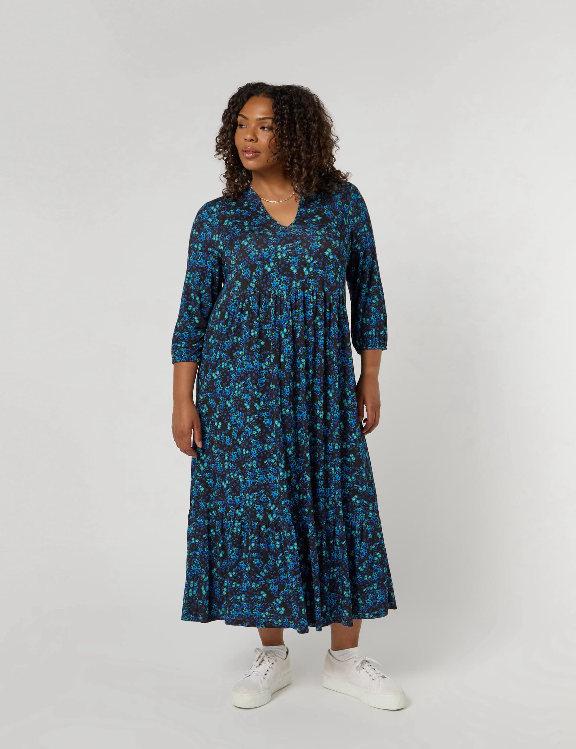 Live Unlimited London Women's Jersey Floral V-Neck Midi Tiered Dress