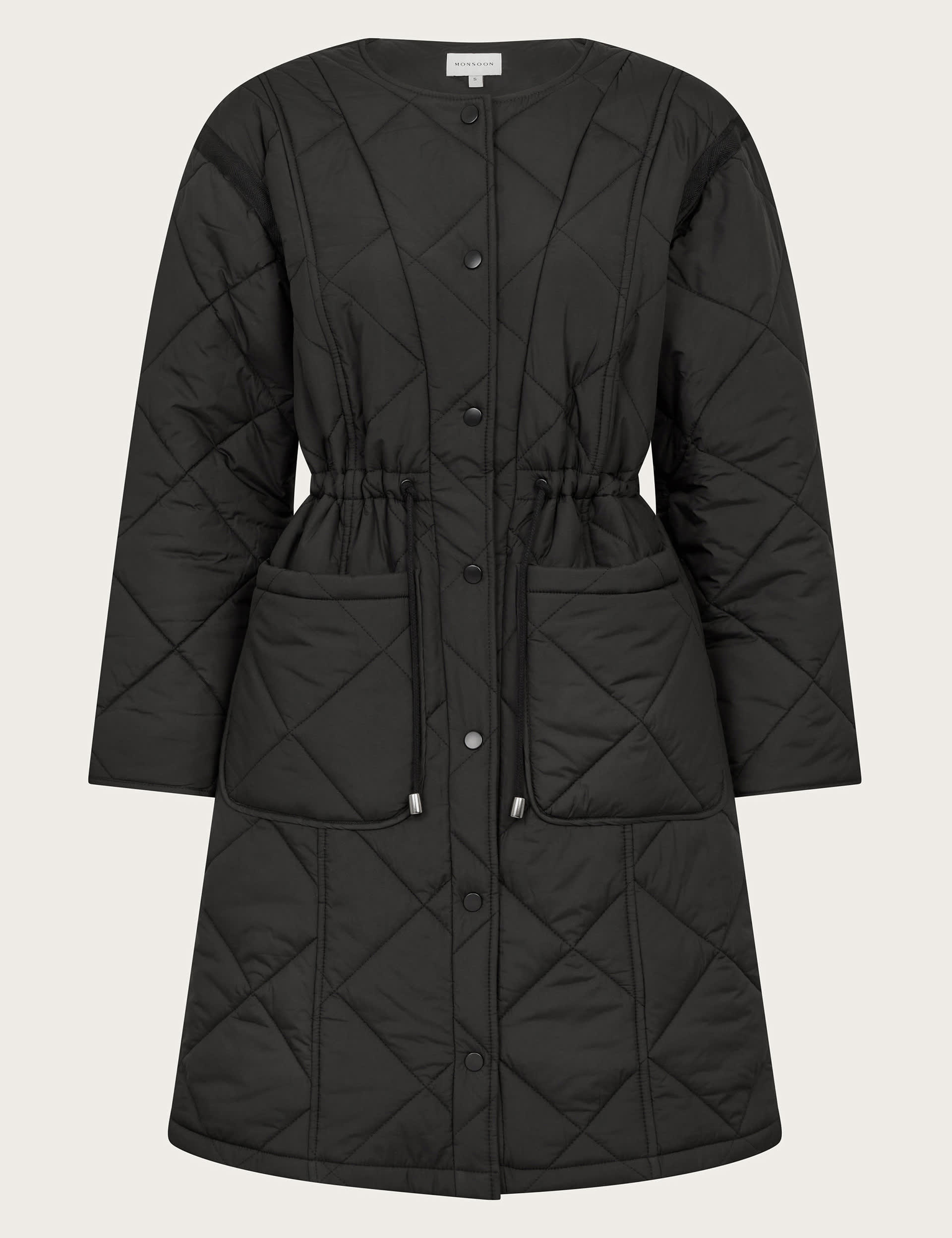 Monsoon Women's Quilted Waisted Collarless Coat - Black, Black