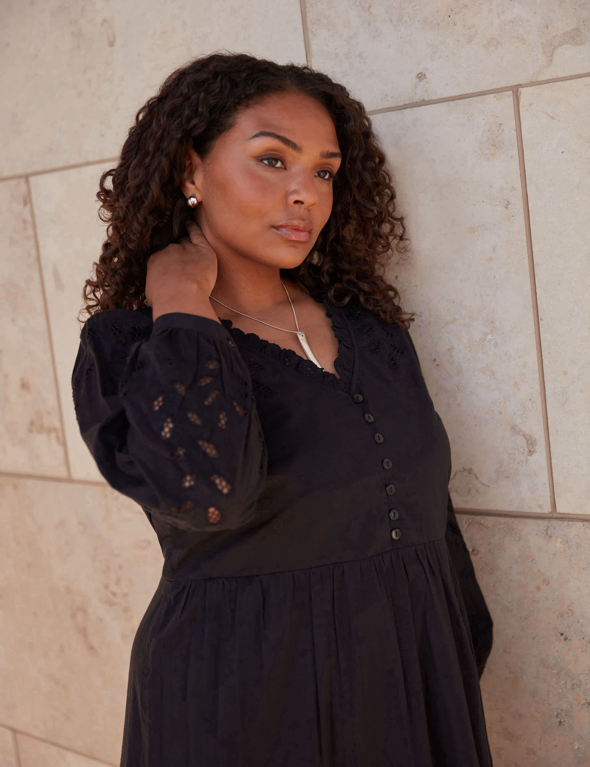 Live Unlimited London Women's Pure Cotton Cutwork Detail Tiered Dress