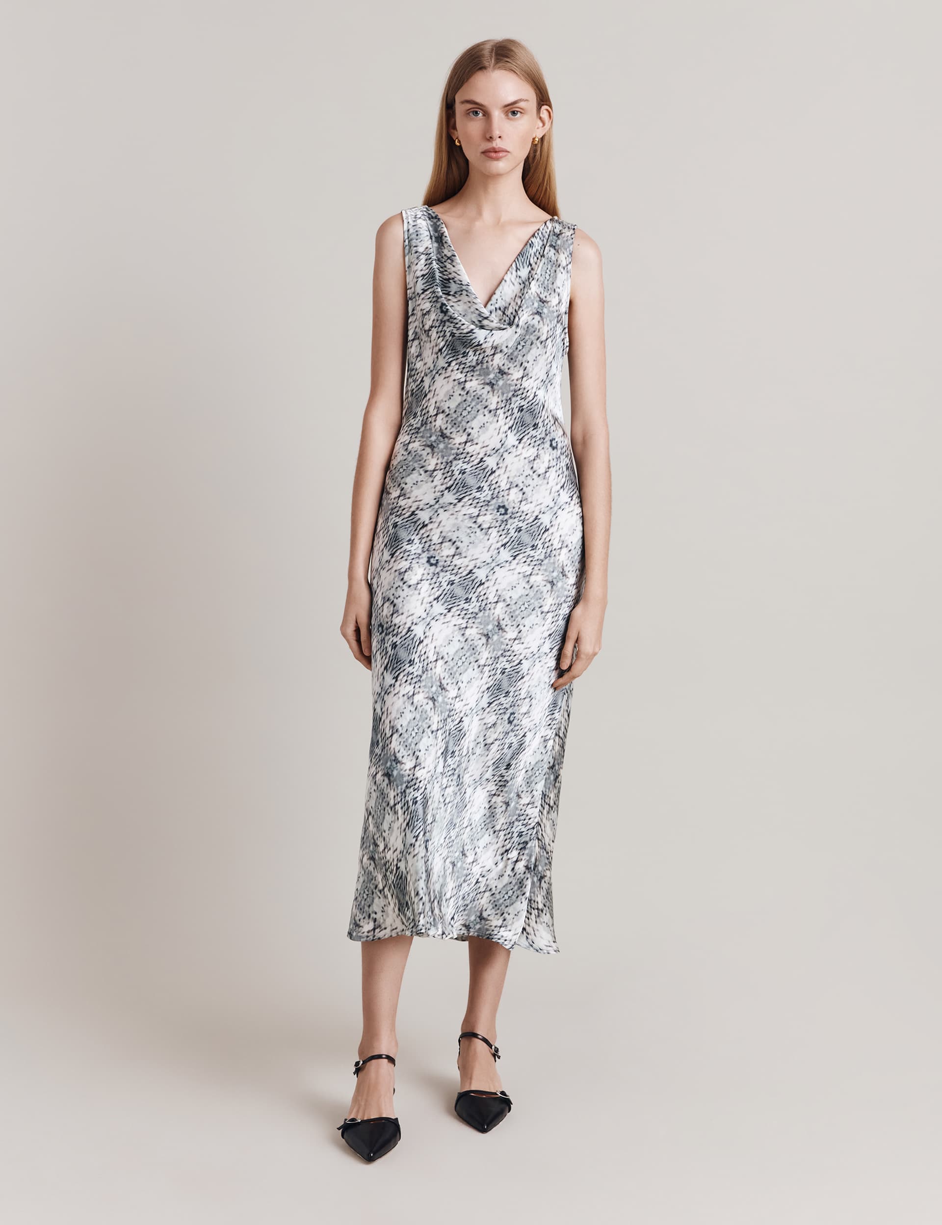 Ghost Women's Satin Animal Print Cowl Neck Midi Slip Dress