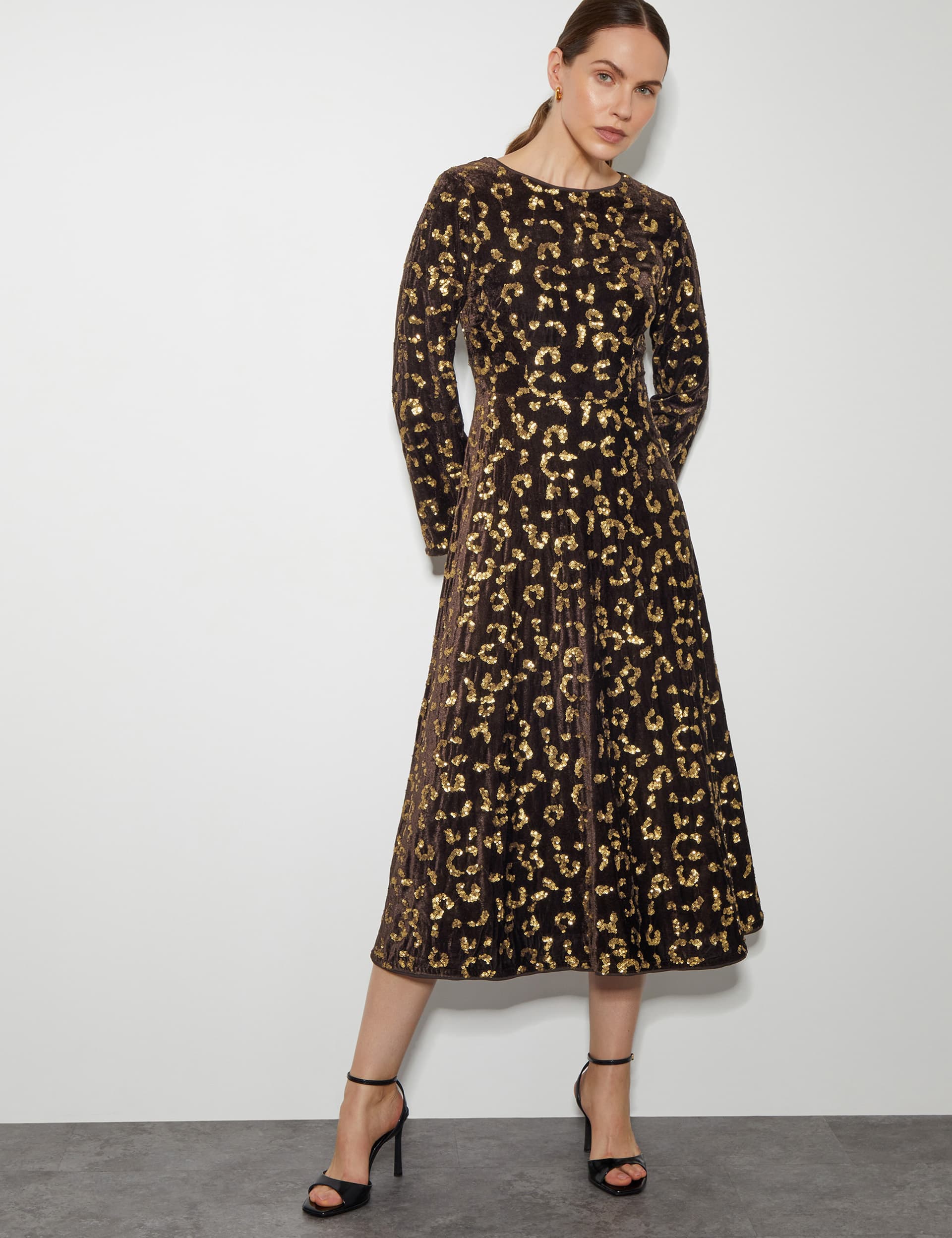 Monsoon Women's Velvet Animal Print Sequin Midi Tea Dress - 24 - Brown, Brown