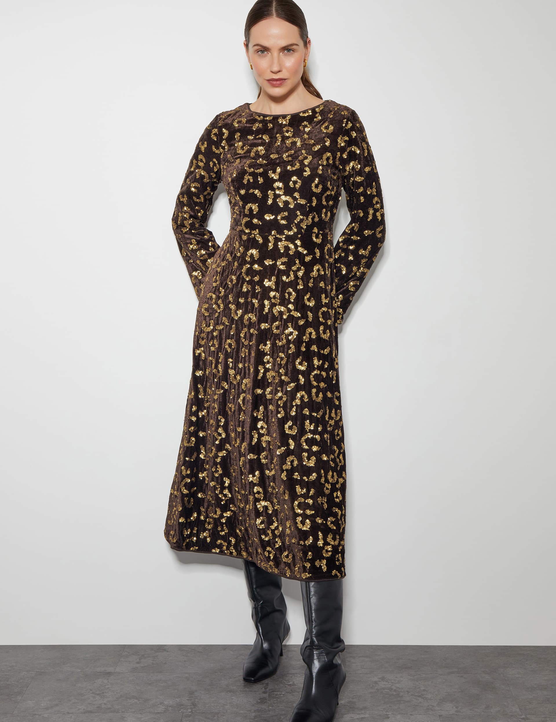 Monsoon Women's Velvet Animal Print Sequin Midi Tea Dress - 24 - Brown, Brown