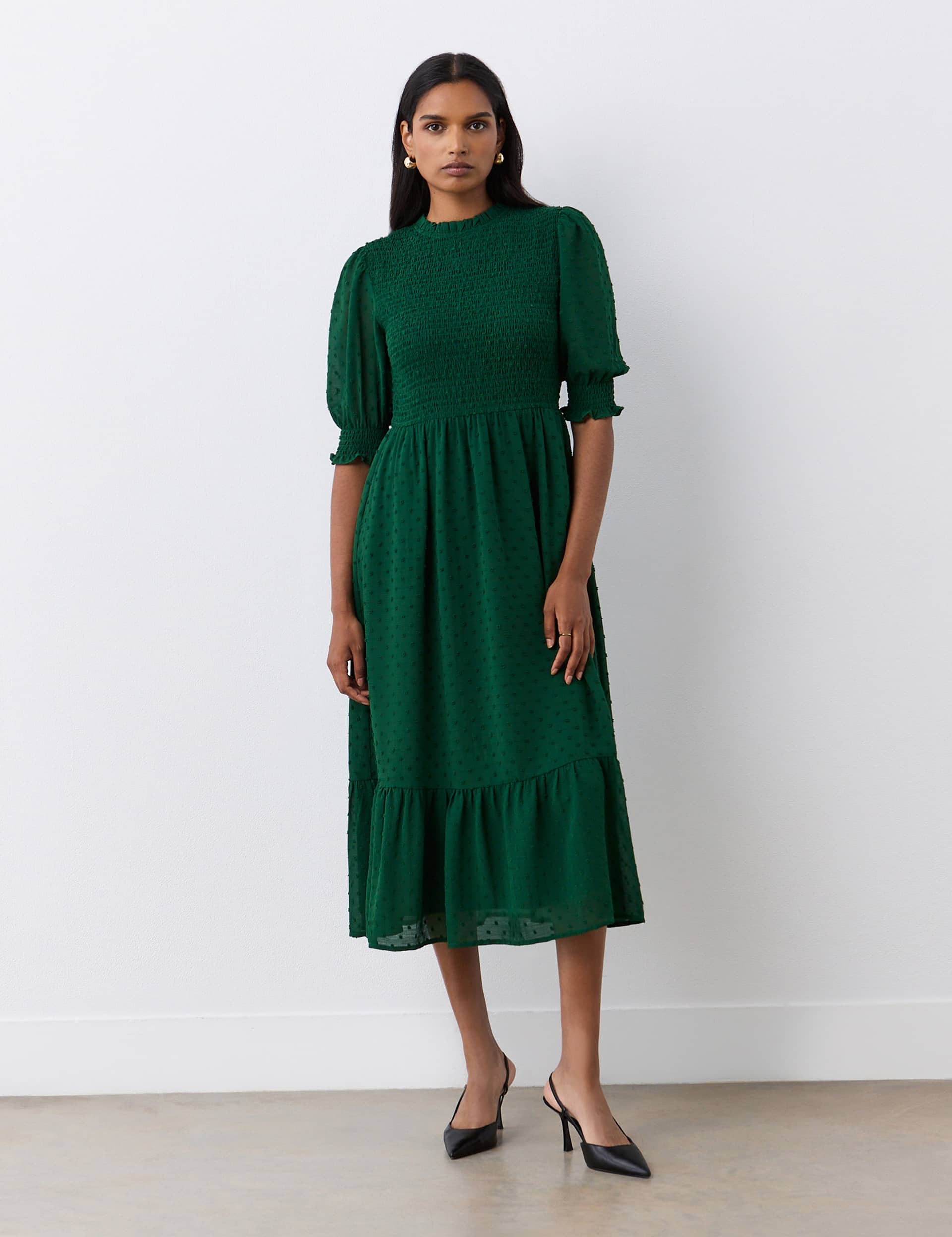 Finery London Women's Georgette Textured Shirred Midi Tea Dress - 12 - Dark Green, Navy,Dark Purple,