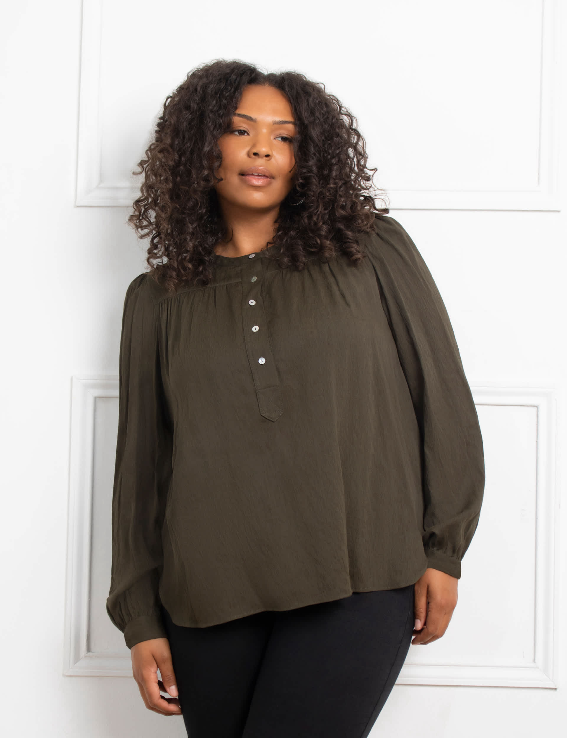 Live Unlimited London Women's Button Detail Blouse - 14 - Khaki, Khaki