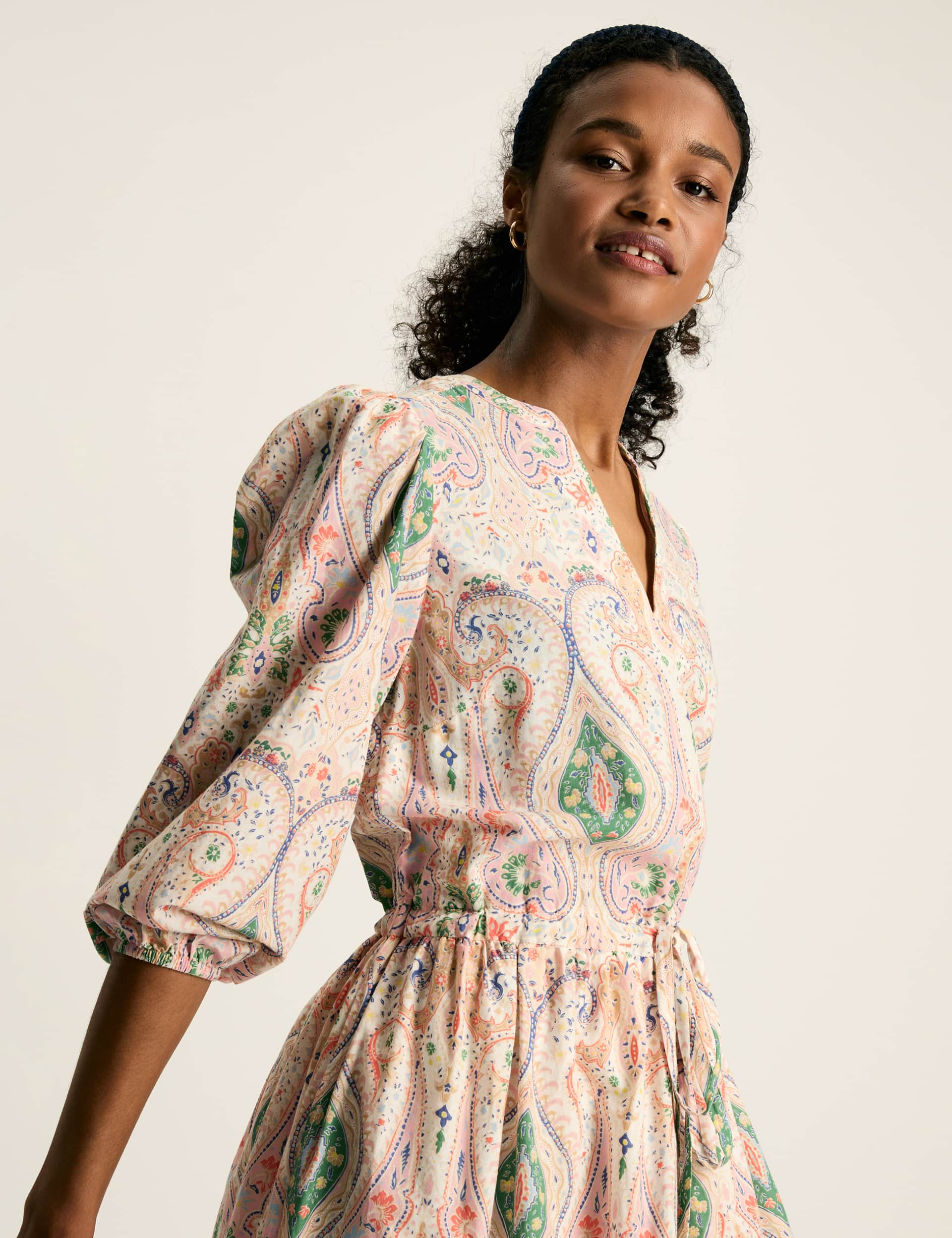 Joules Women's Pure Cotton Paisley V-Neck Maxi Waisted Dress