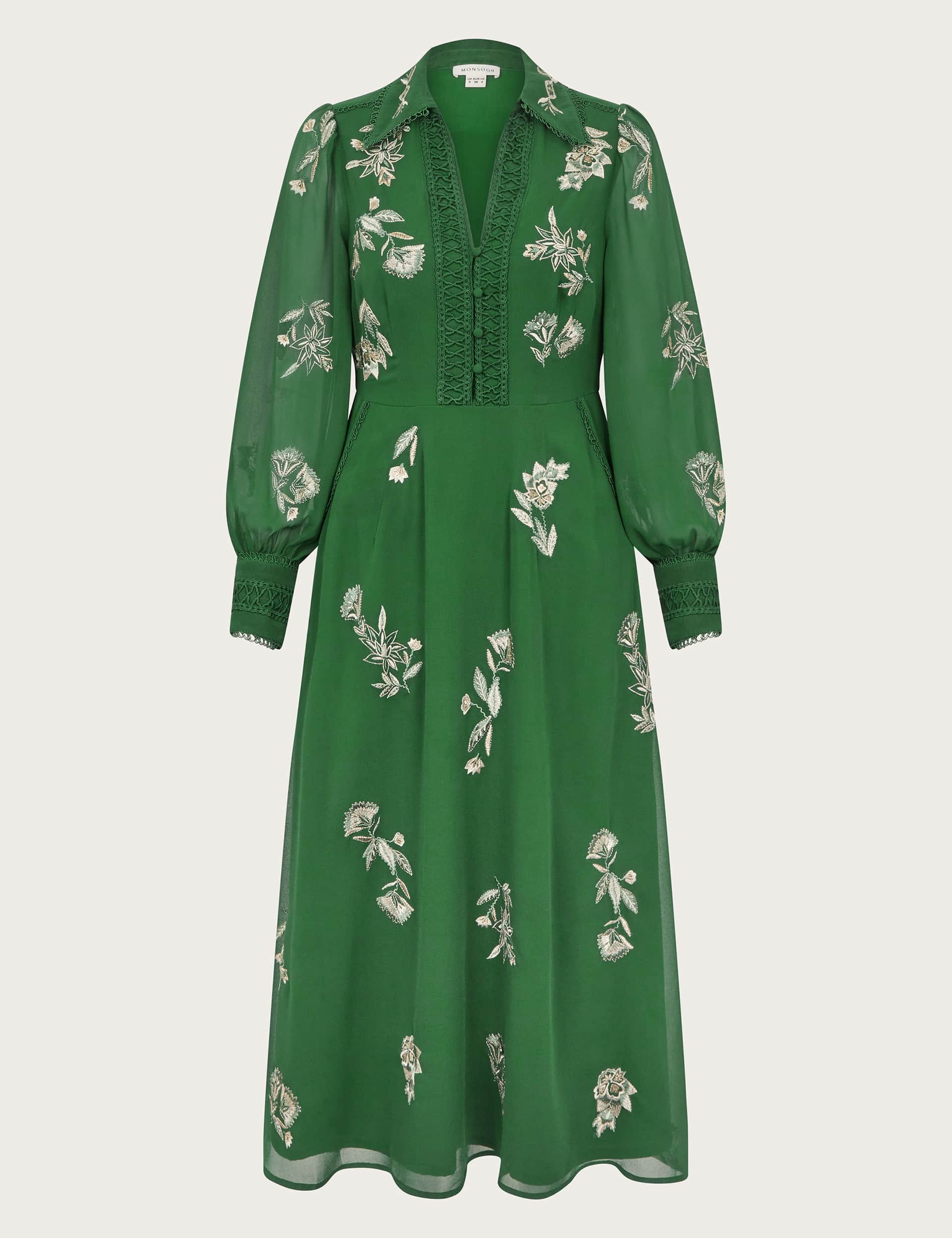 Monsoon Women's Embroidered V-Neck Midi Shirt Dress - 14 - Green, Green