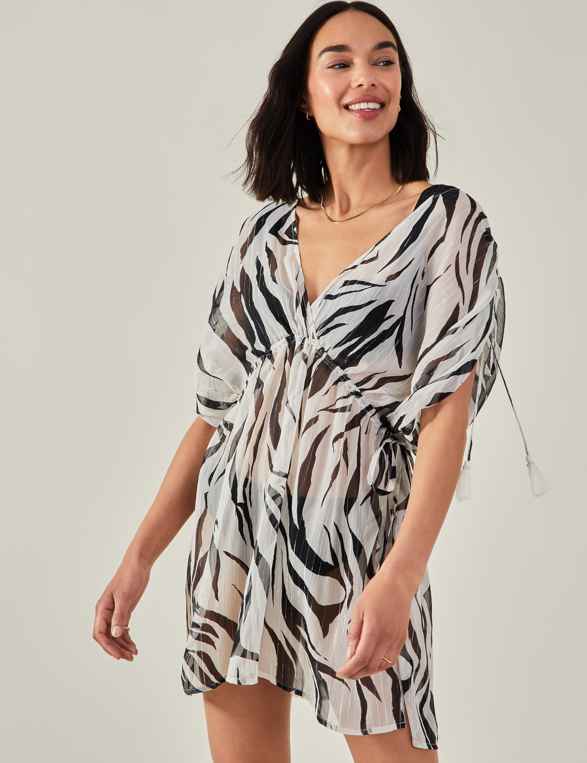 Accessorize Women's Animal Print V-Neck Mini Kaftan Dress - XS - White Mix, White Mix