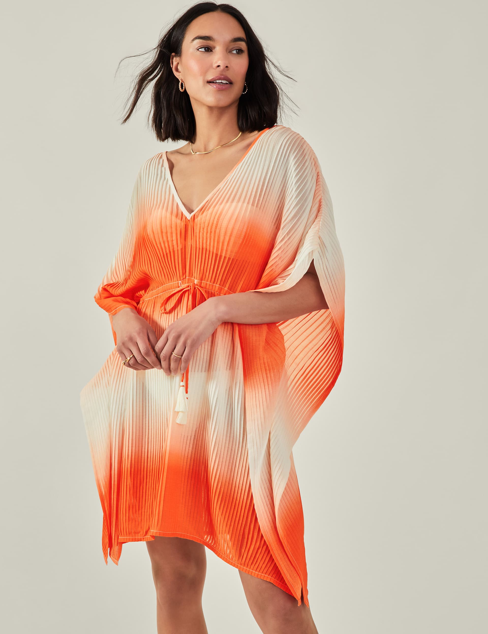 Accessorize Women's Ombre V-Neck Pleated Mini Kaftan Dress - Orange Mix, Orange Mix