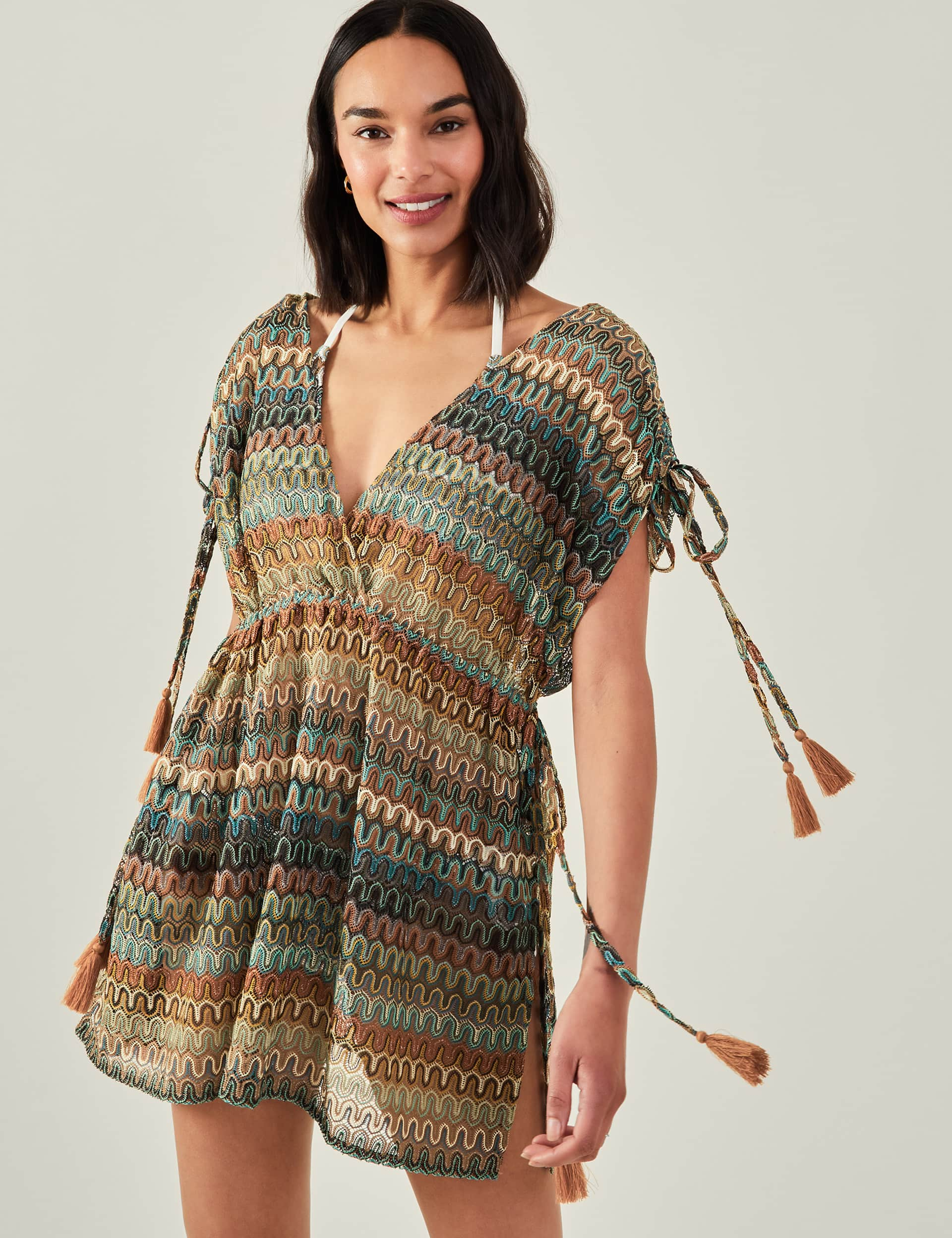 Accessorize Women's Crochet V-Neck Mini Kaftan Dress - L - Natural Mix, Natural Mix