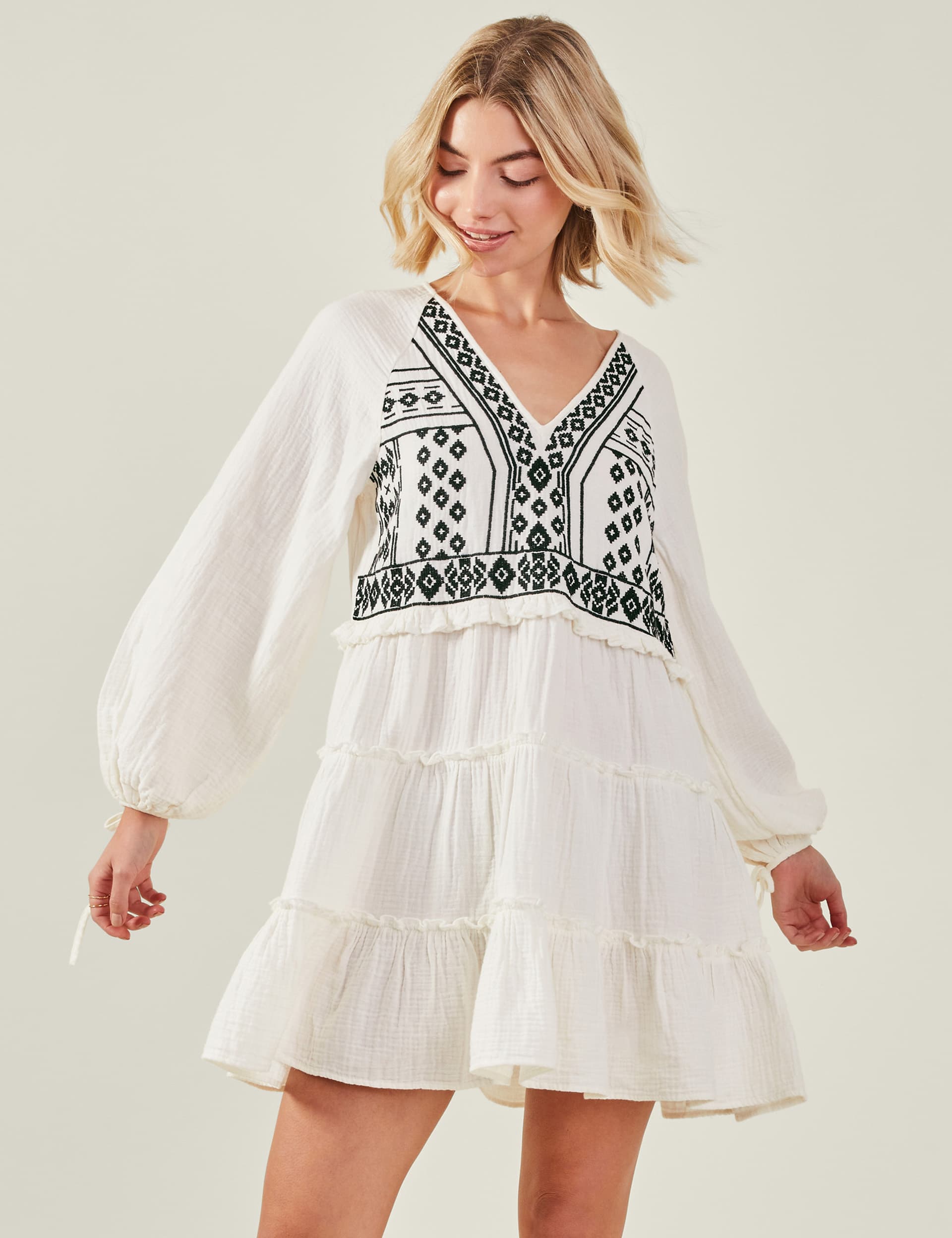 Accessorize Women's Pure Cotton Embroidered V-Neck Beach Dress - White Mix, White Mix