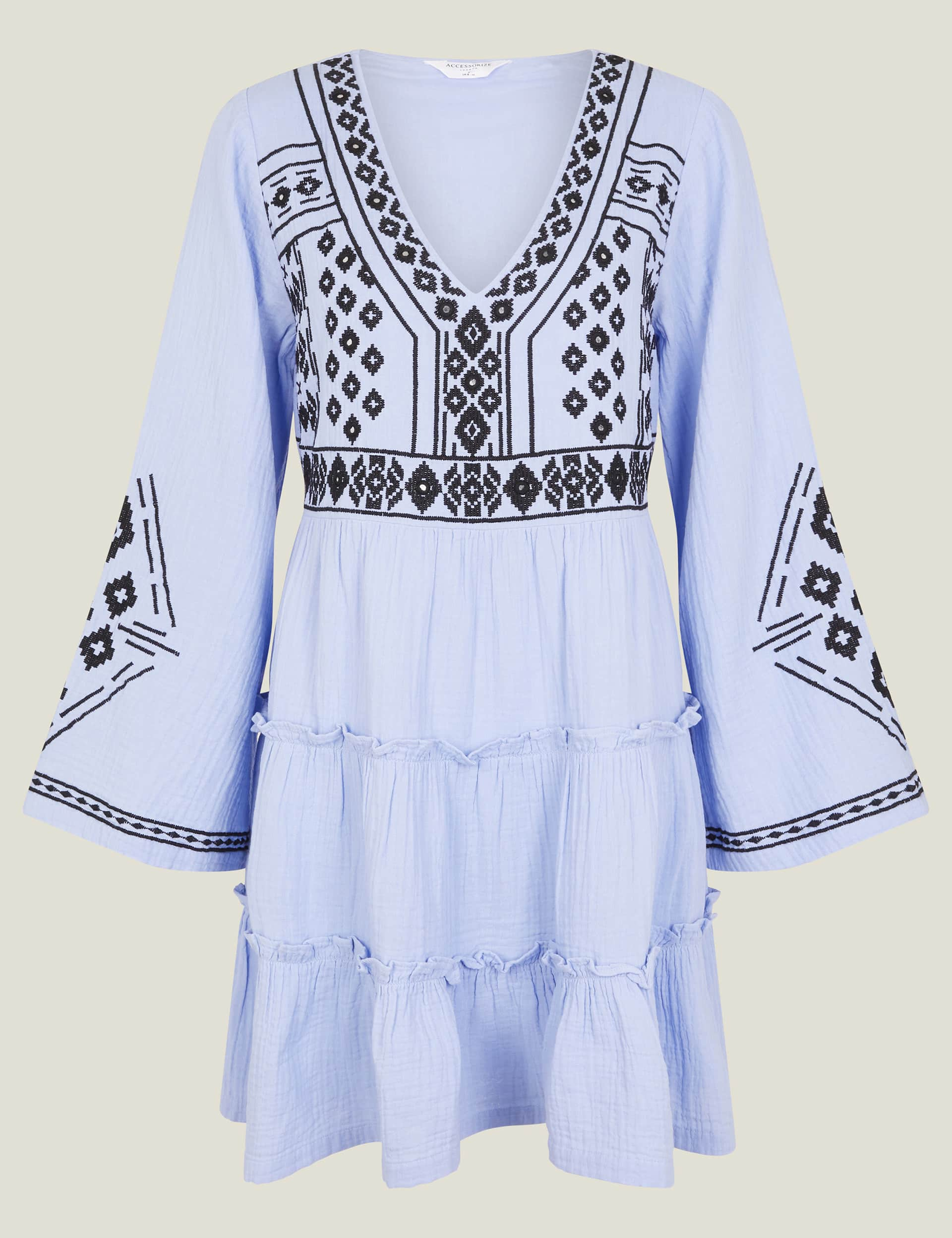 Accessorize Women's Pure Cotton Embroidered V-Neck Beach Dress - XS - Blue Mix, Blue Mix